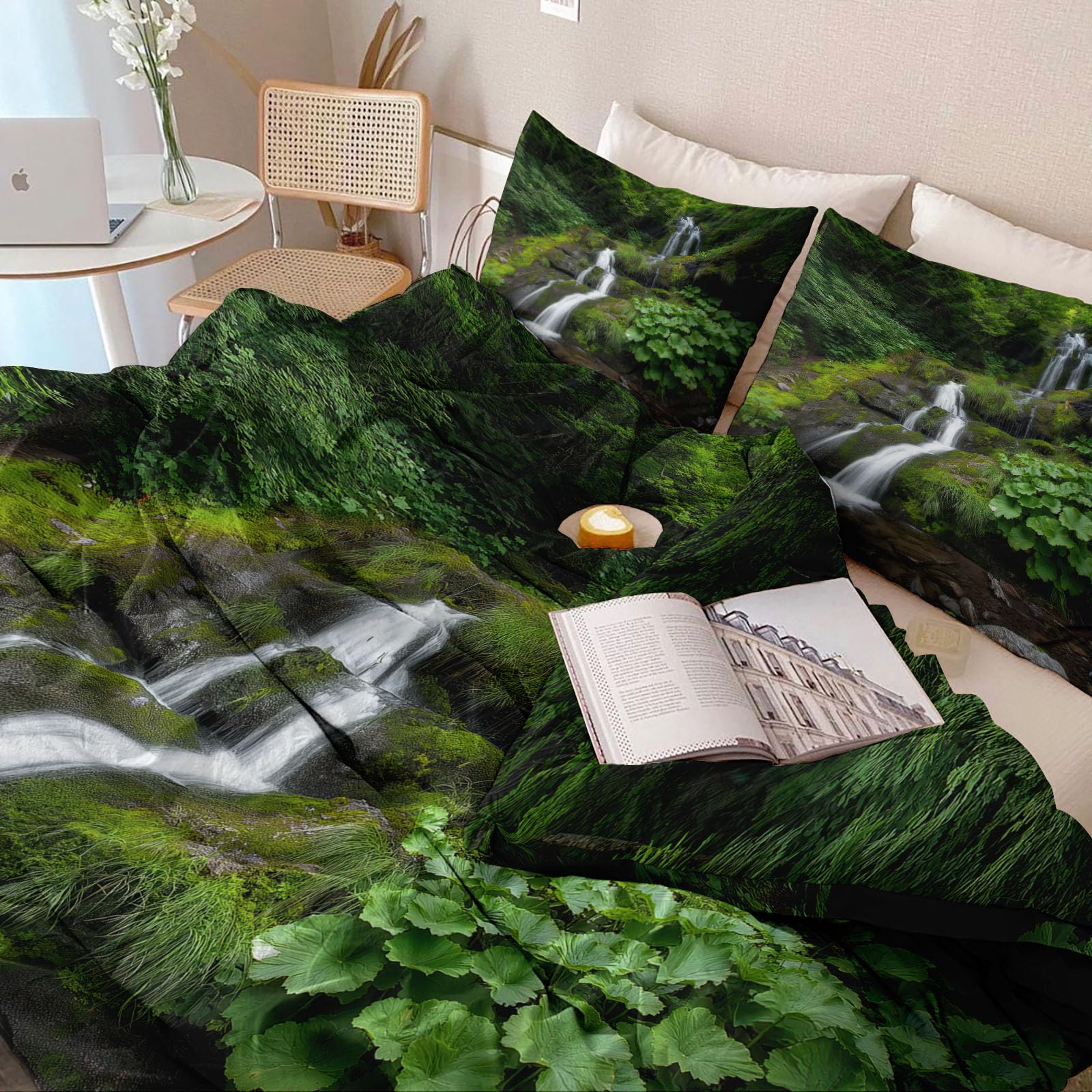 Biancheria da letto con cascata, fiume, piante tropicali, muschio, 180 x 200 cm, copripiumino fotografico verde, copripiumino reversibile in microfibra di alta qualità, per persone allergiche, con