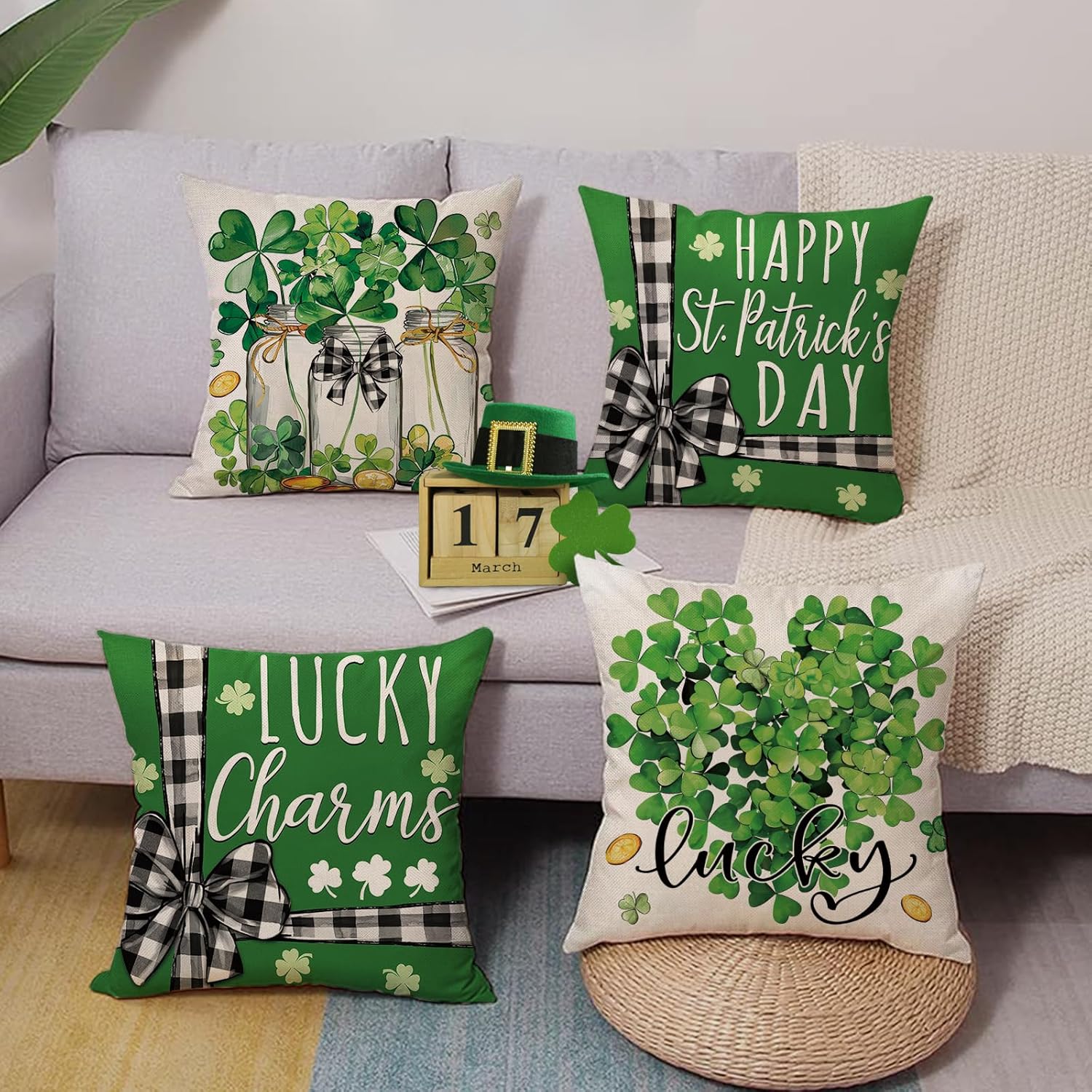 Happy St Patricks Day Decorative Throw Pillow Covers 18 x 18 Set of 4, Lucky Charm Shamrock Clover Mason Jar Porch Outdoor Home Decor, Plaid Bow Gold Coins Irish Spring Sofa Couch Cushion Case - Image 4