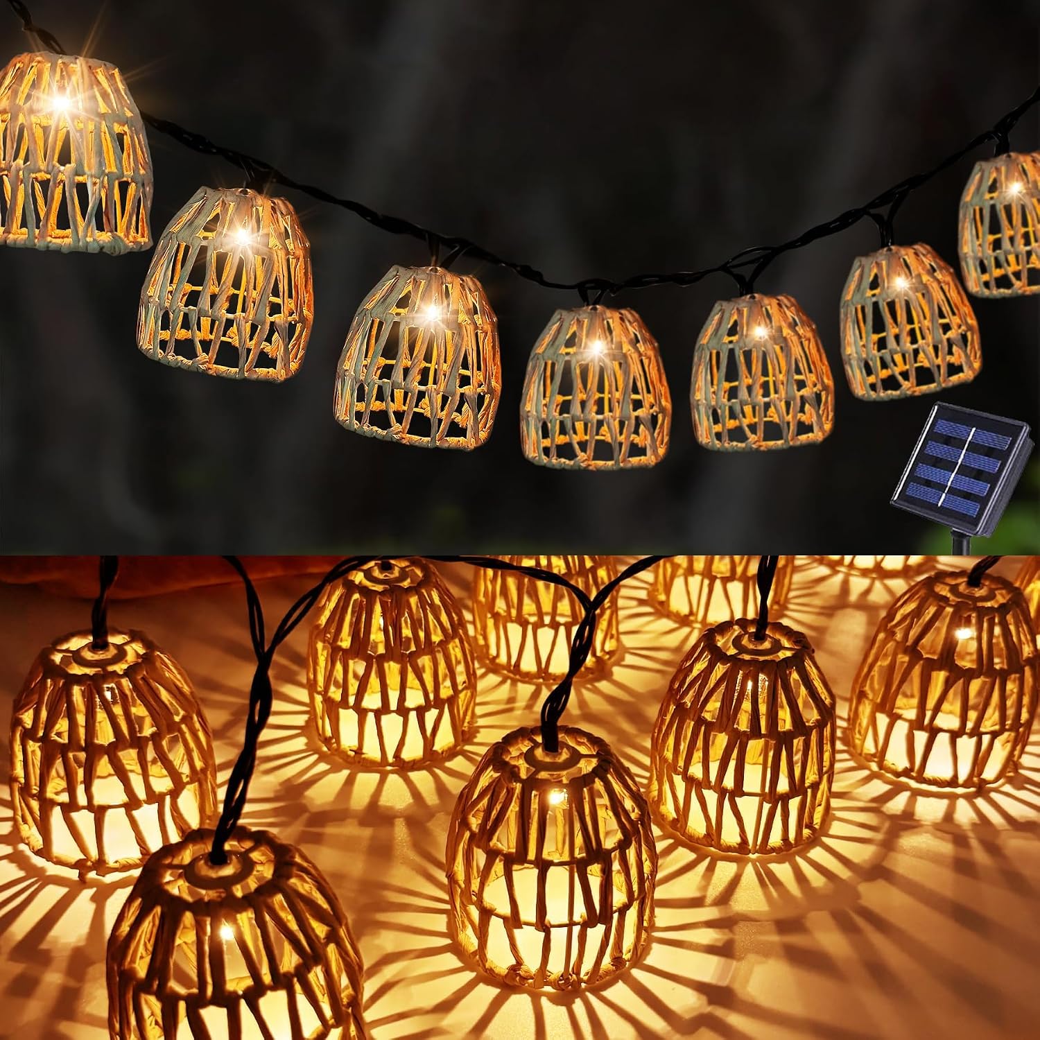 10er LED Solar Lichterkette Außen, LED Solar Rattankugel Lampion