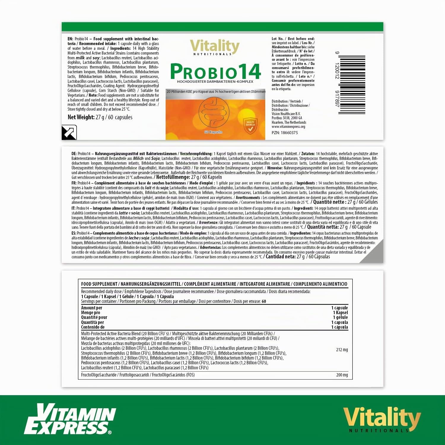 Probio 14 mit aktiven Darmbakterien u.a. Lacto, Bifido, Pediococcus, 200 mg FOS, Vegetarisch (60 Kapseln) Darmgesundheit Vitality Nutritionals by Vitaminexpress