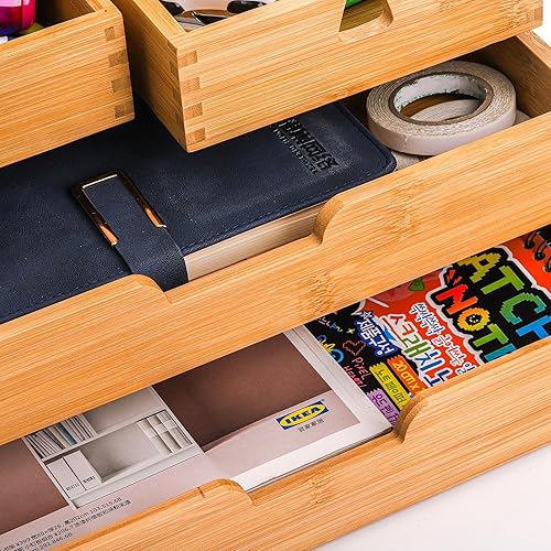 Miniatura 8 de DEAYOU Organizador de escritorio de bambú, organizador de cajones de escritorio de bambú 100% natural, caja de organización de gabinete de