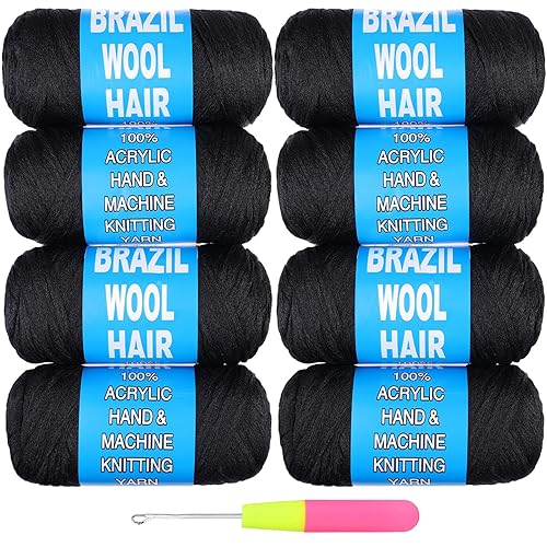 RuiYok 8 piezas de lana brasileña para trenzas, negro natural, cabello de lana brasileña para trenzar para mujeres, hilo para cabello para locs