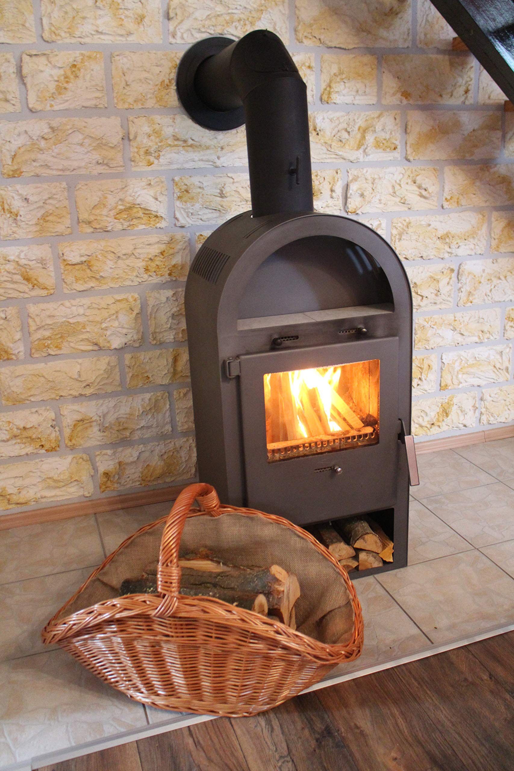 Grande cesto per legna da ardere, vimini, con borsa in iuta