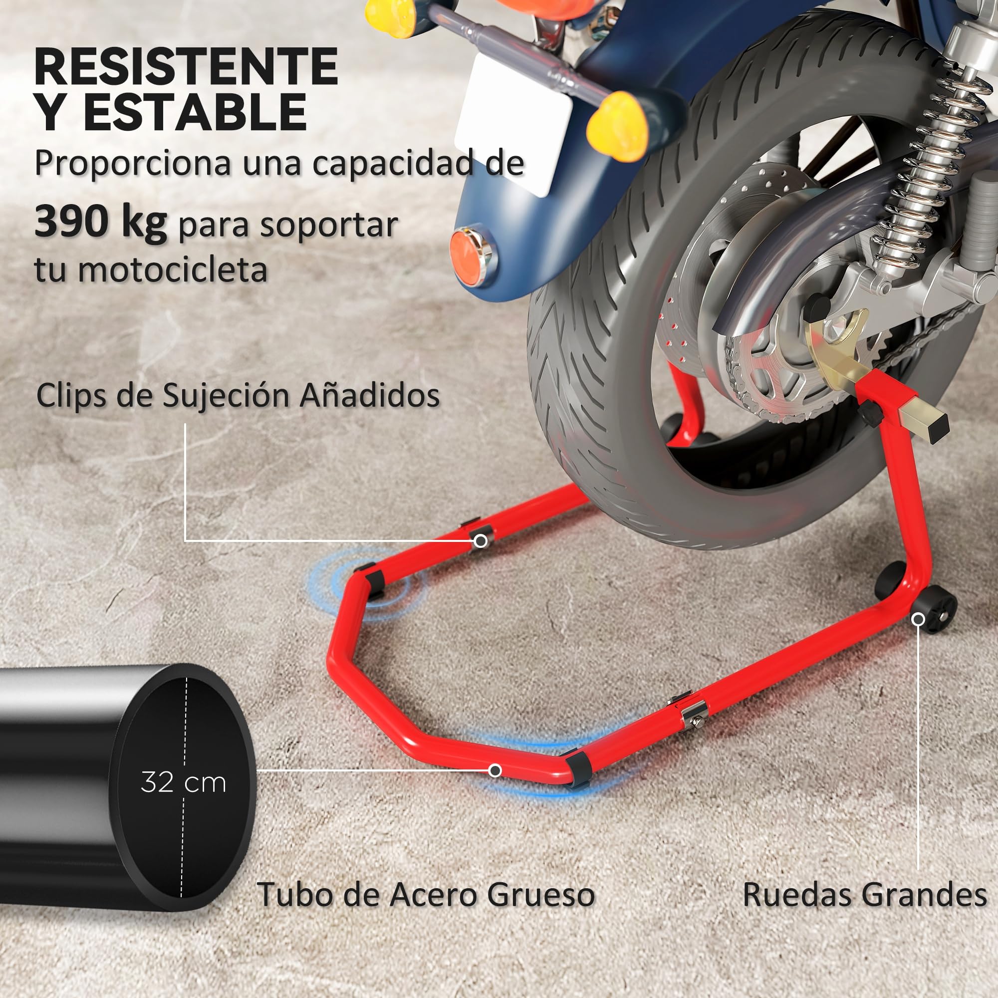 HOMCOM Caballete Moto Elevador Universal Carga 390 kg Soporte Rueda Delantera y Trasera Motocicleta Convertible con Adaptadores de Horquillas en U y L Ajustables y Ruedas para Reparación Mantenimiento