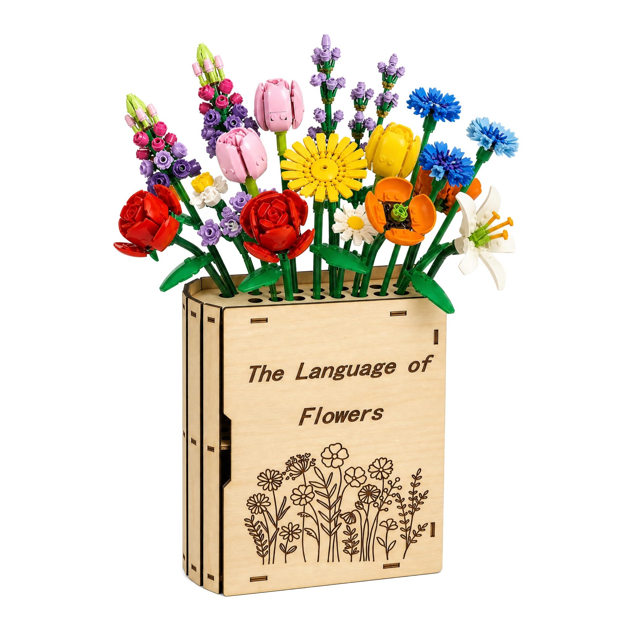 Wooden Vase for Lego Flowers Bouquet, Decorative Books Shaped Vase for Flowers Bouquet Building Sets Puzzle Display Stand Assembly Wooden Vases with Carved Pattern for Book Lovers and Teachers