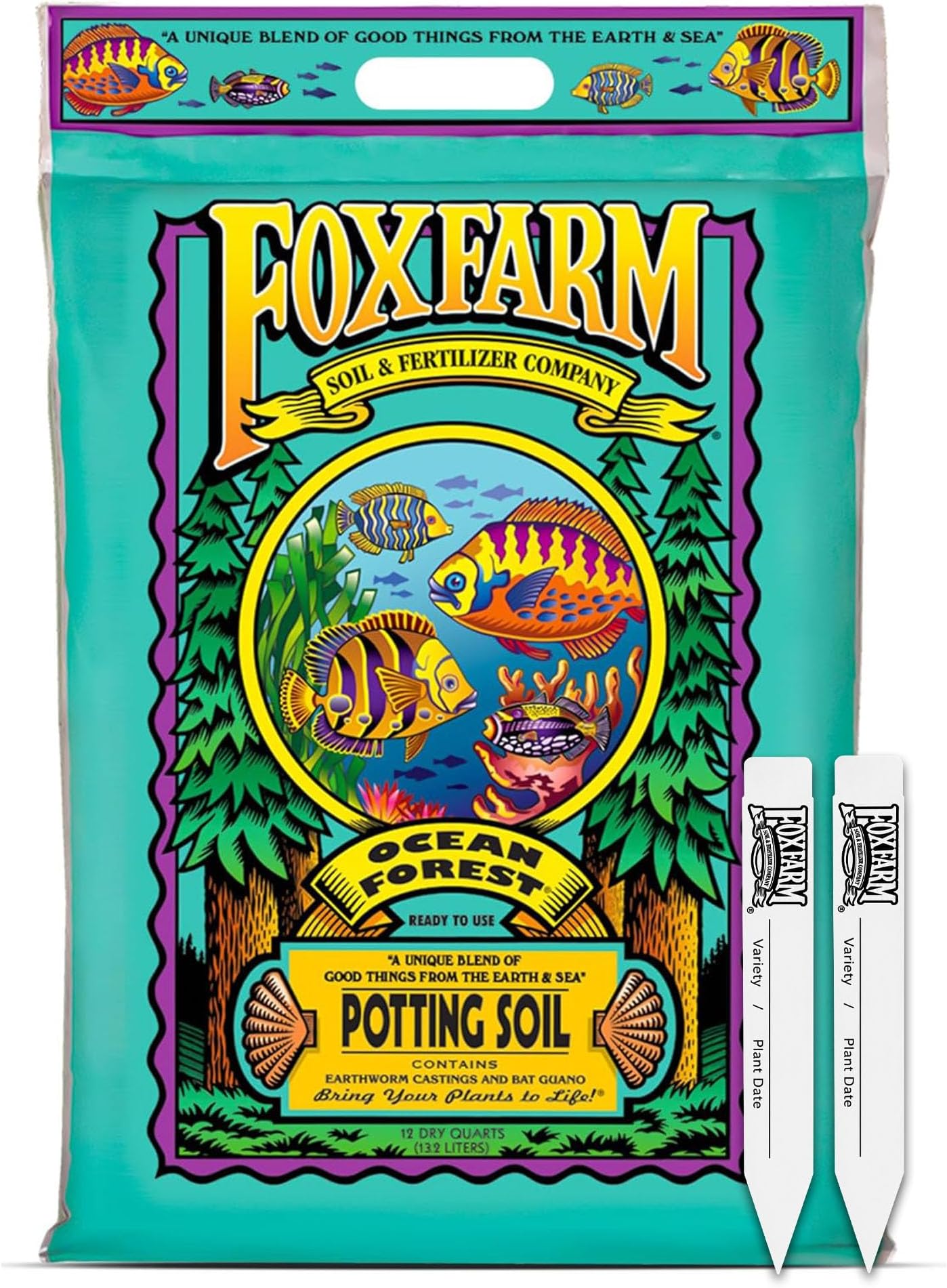 FoxFarm Ocean Forest Potting Soil with 2 Plant Tags, 12 Quarts - Light, Aerated Texture with Fish Meal, Crab Meal, Earthworm Castings - Houseplant Potting Mix for Seedlings & Plant Starts