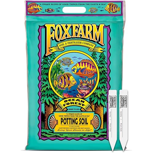 FoxFarm Ocean Forest Potting Soil with 2 Plant Tags, 12 Quarts - Light, Aerated Texture with Fish Meal, Crab Meal, Earthworm Castings - Houseplant Potting Mix for Seedlings & Plant Starts