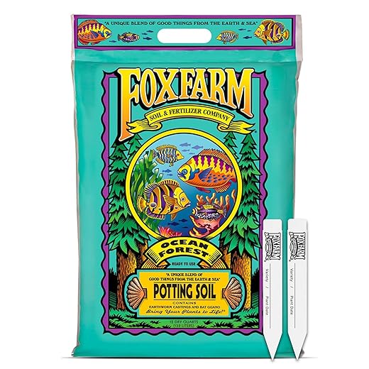 FoxFarm Ocean Forest Potting Soil with 2 Plant Tags, 12 Quarts - Light, Aerated Texture with Fish Meal, Crab Meal, Earthworm Castings - Houseplant Potting Mix for Seedlings & Plant Starts