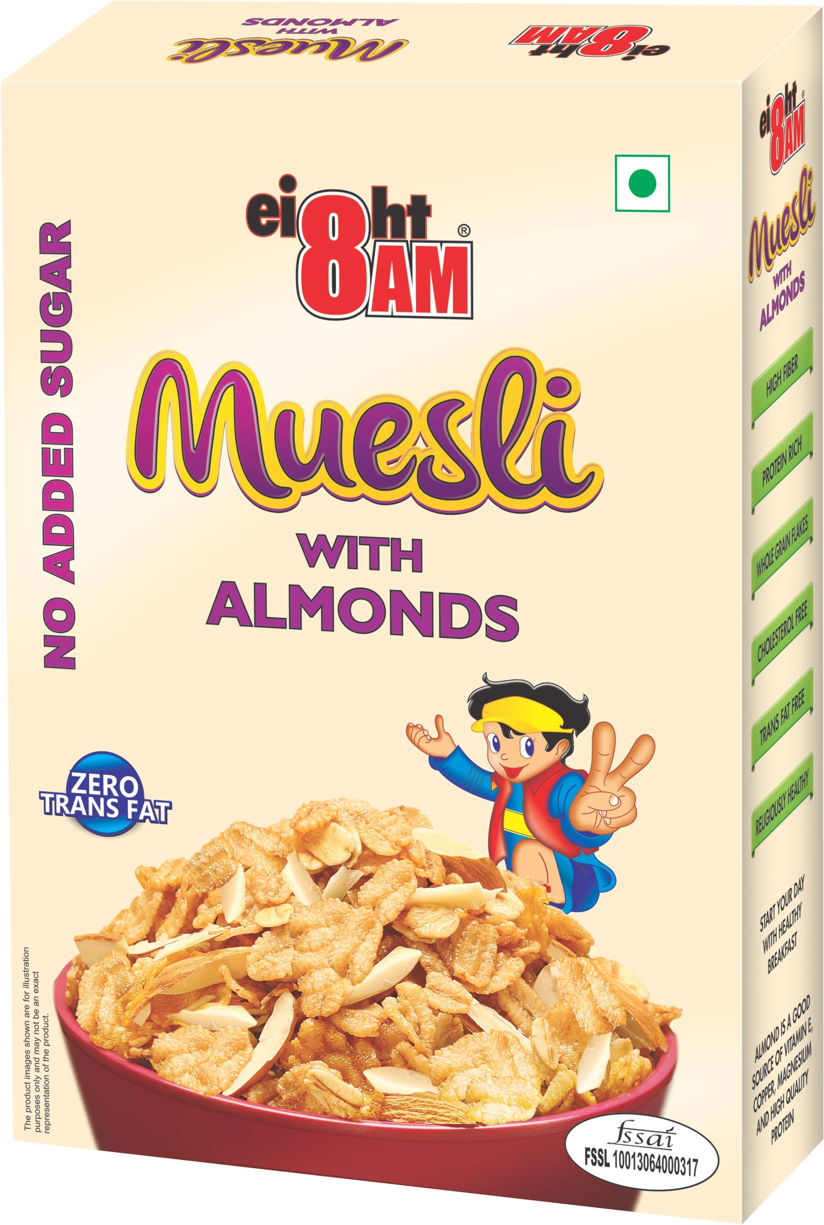 8AM Muesli with Almonds (No Added Sugar), Tasty, Nutritious and Healthy Snacks, Include Whole Grains and Seeds, 425 gm