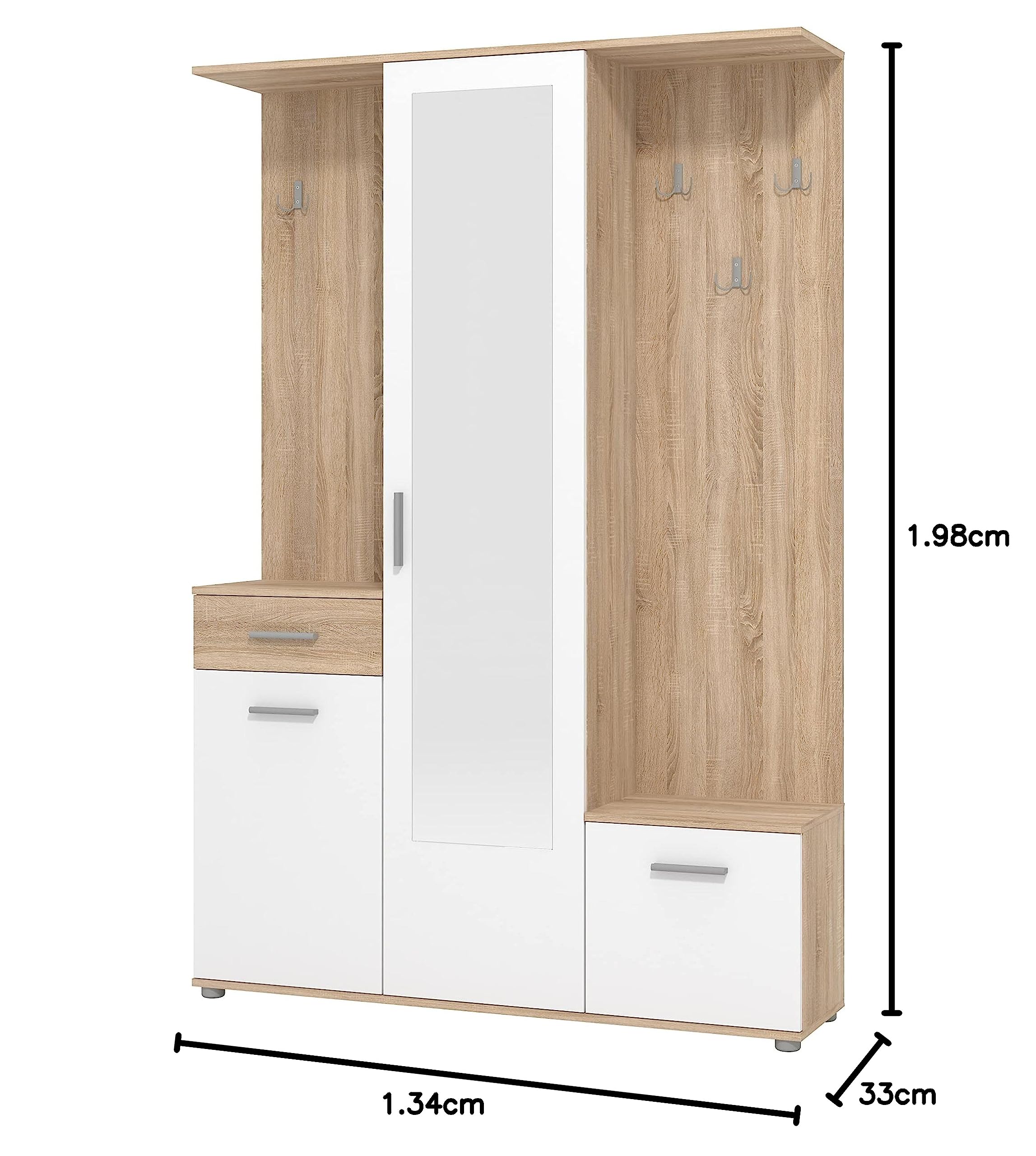 Arredo Stock Mobile da ingresso con armadio, portascarpe, specchio cassetto ed attaccapanni bianco con finiture effetto cemento, 133x197x33 cm (Quercia)