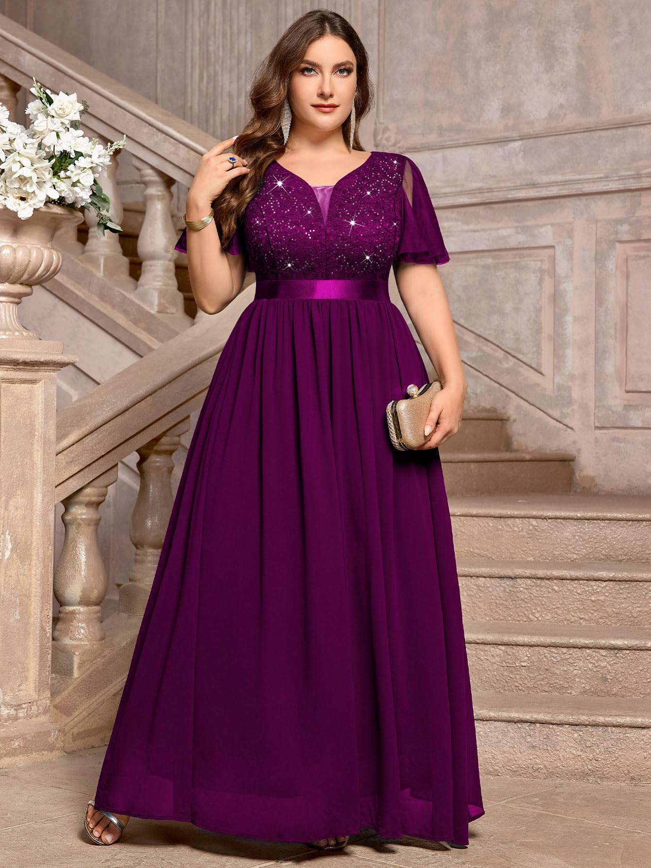 MISSMAY Abito da donna, taglie forti, vintage, con maniche svolazzanti, scollo a V, pizzo e paillettes, abito da cerimonia nuziale, cerim