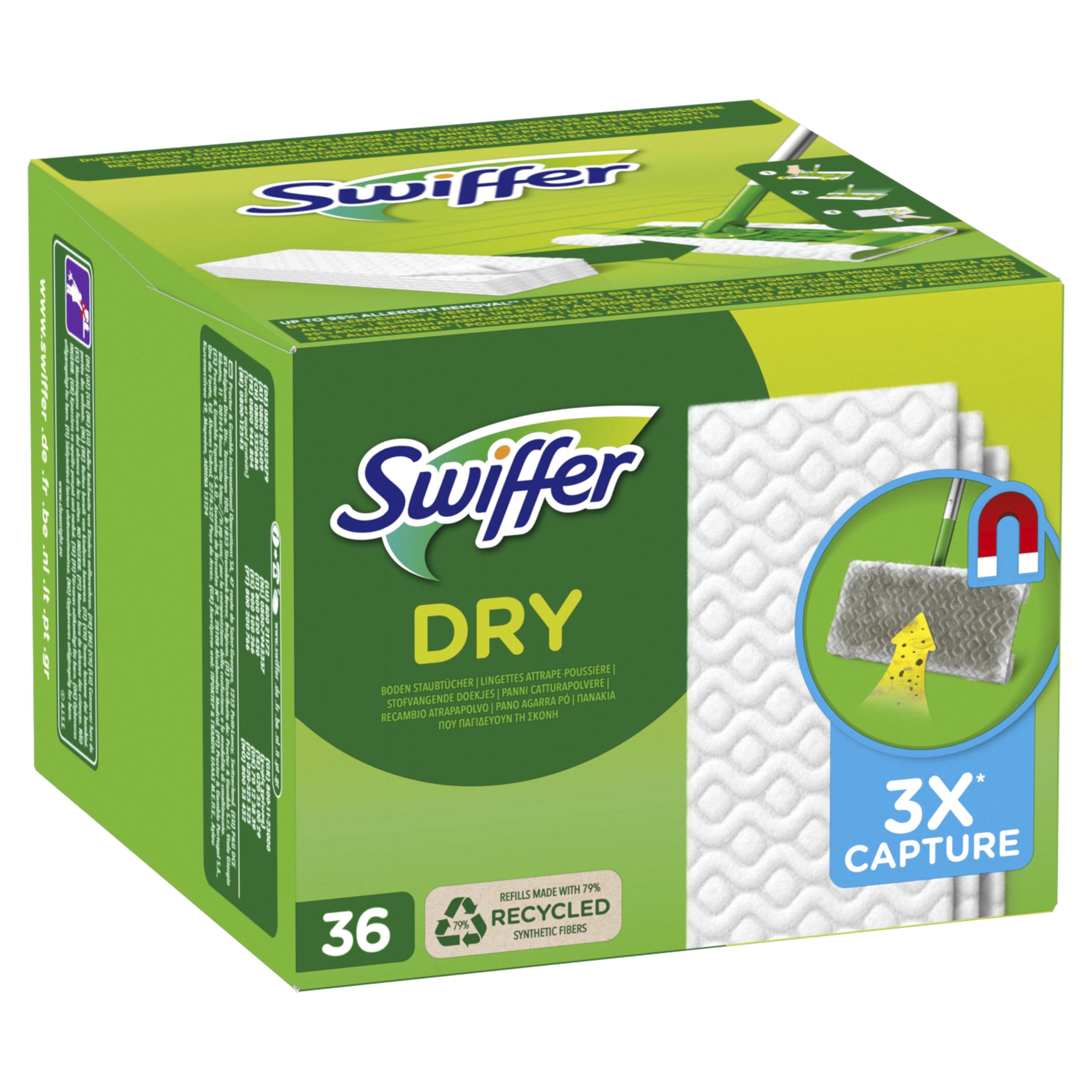 Swiffer 216 Panni Catturapolvere, in Microfibra Dry, Panni Cattura Sporco, Ottimo per Tutti i Tipi di Pavimenti e per i Peli di Animali, Maxi Formato con 79% di Fibre Riciclate