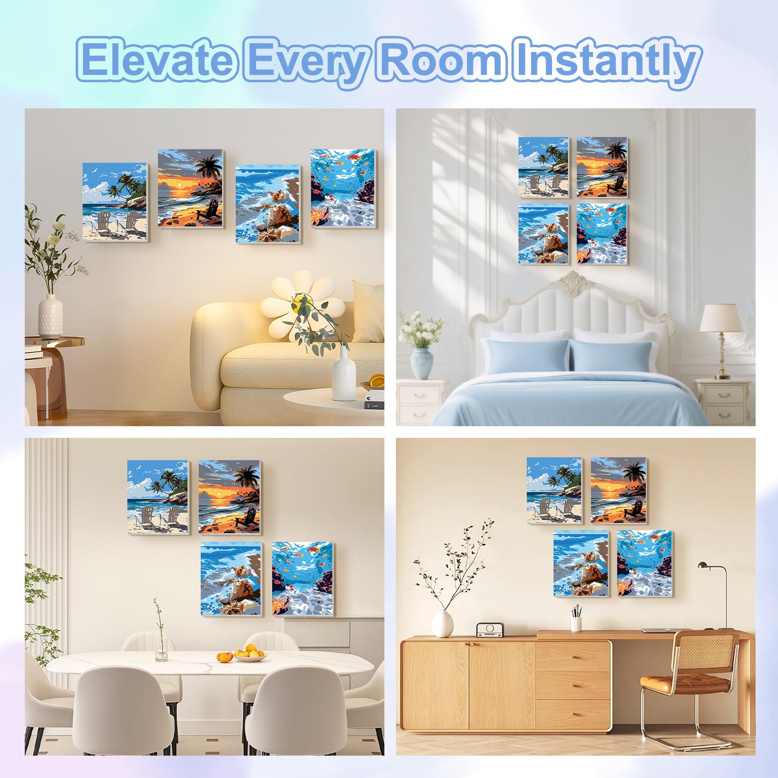 TOSTOG Seascapes 4 Pack Framed Canvas Painting by Numbers Art Kit for Adults and Kids, Beginner Acrylic Painting Supplies with Wooden Frame for Home Wall Decor 20 * 25 cm/8 * 10 in - 2