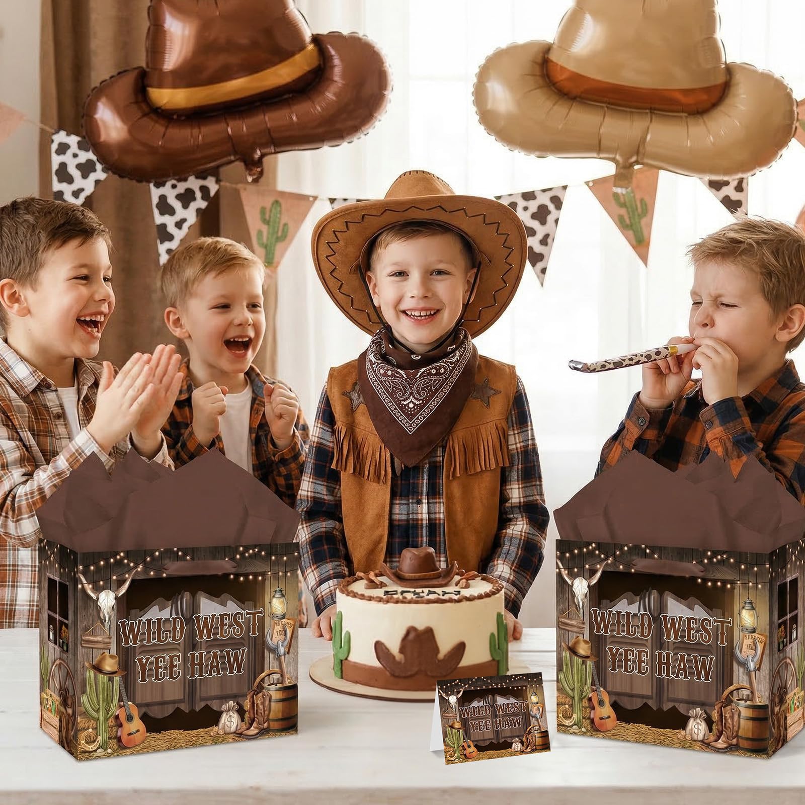 MOORIIY Western Cowboy Gift Bag with Tissue Paper and Greeting Card, Rustic Cowboy Birthday Gift Bag Wild West Wrapping Paper Bag for Boys Girls Birthday, Western Rodeo, Baby Shower Party Supplies