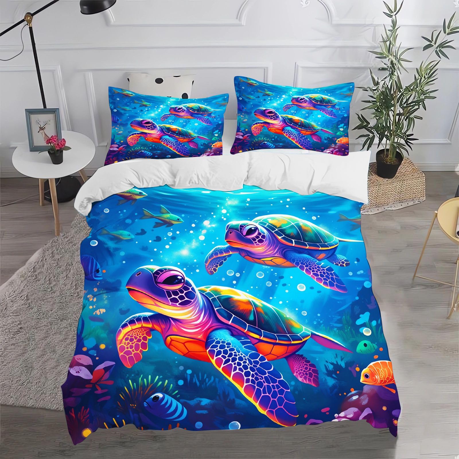 Fgolphd Ocean Turtle Duvet Cover Set, Soft Microfiber Double-200x200cm Bedding with Zipper, All Seasons Bedroom Decor