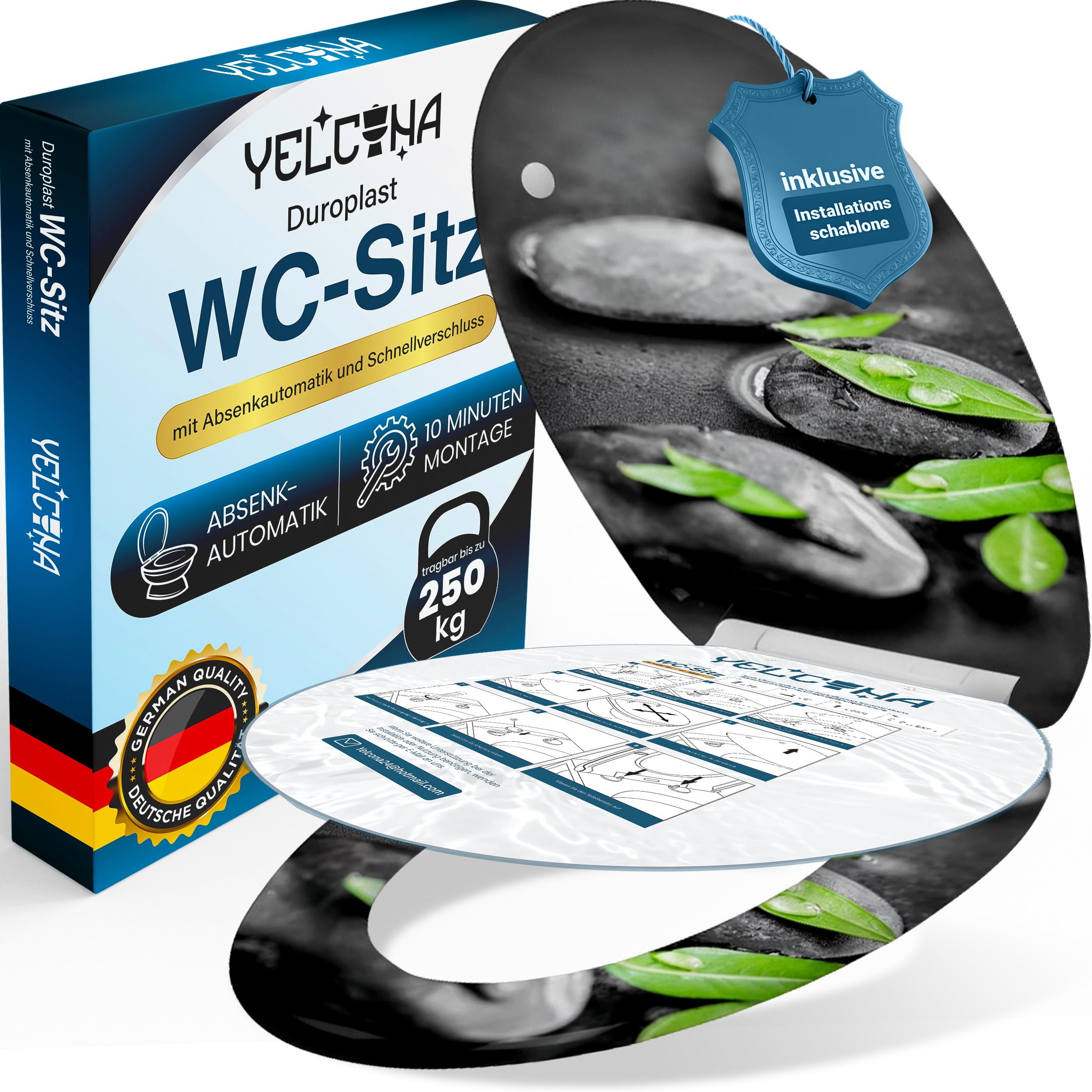 YELCONA Toilettendeckel Mit Absenkautomatik | WC Sitz Mit Absenkautomatik | Klodeckel Mit Absenkautomatik | Antibakteriell, UV-Beständig, Quick-Release, Installationsschablone (Steine)