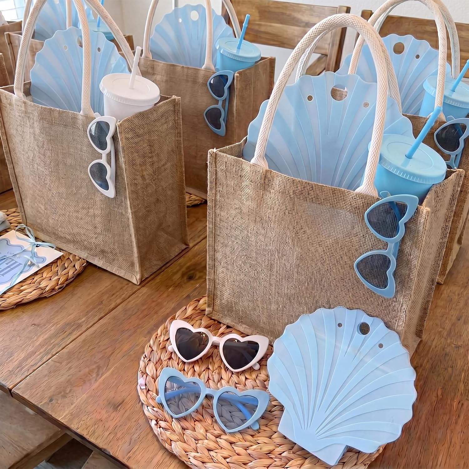 16 Pcs Last Toast on the Coast Gifts Set for 4 with 4 Women's Beach Tote Bag 4 Tumbler with Straw Lid 4 Seashell Bag 4 Sunglasses Blue White Bachelorette Accessories for Bridal Shower Party
