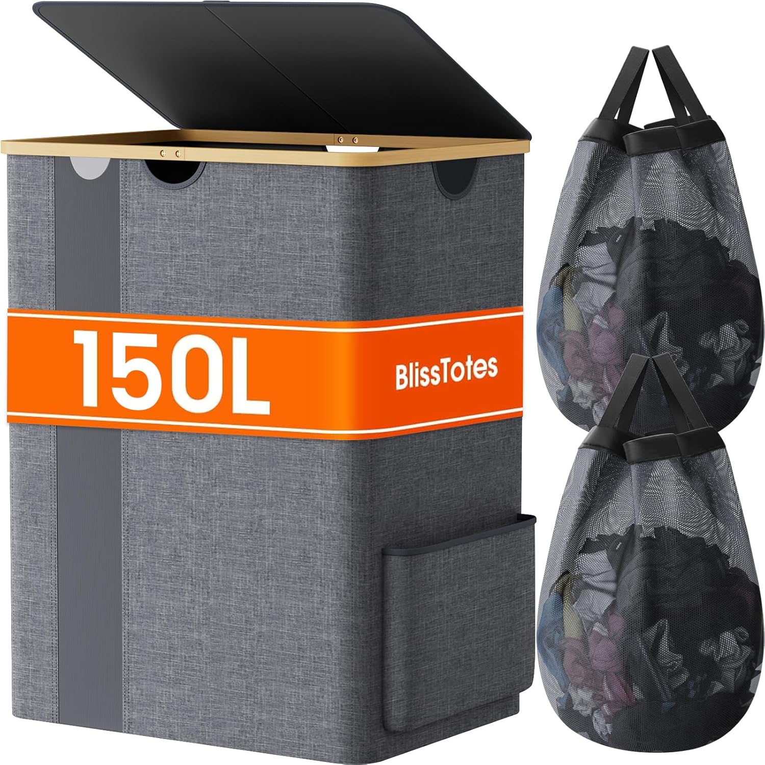 BlissTotes Laundry Basket with Lid, 150L Clothes Laundry Hamper with Handles and 2 Removable Laundry Bag, Breathable Design Hamper with Lid for Bedroom, Bathroom, Dorm, Laundry Room – Light Grey