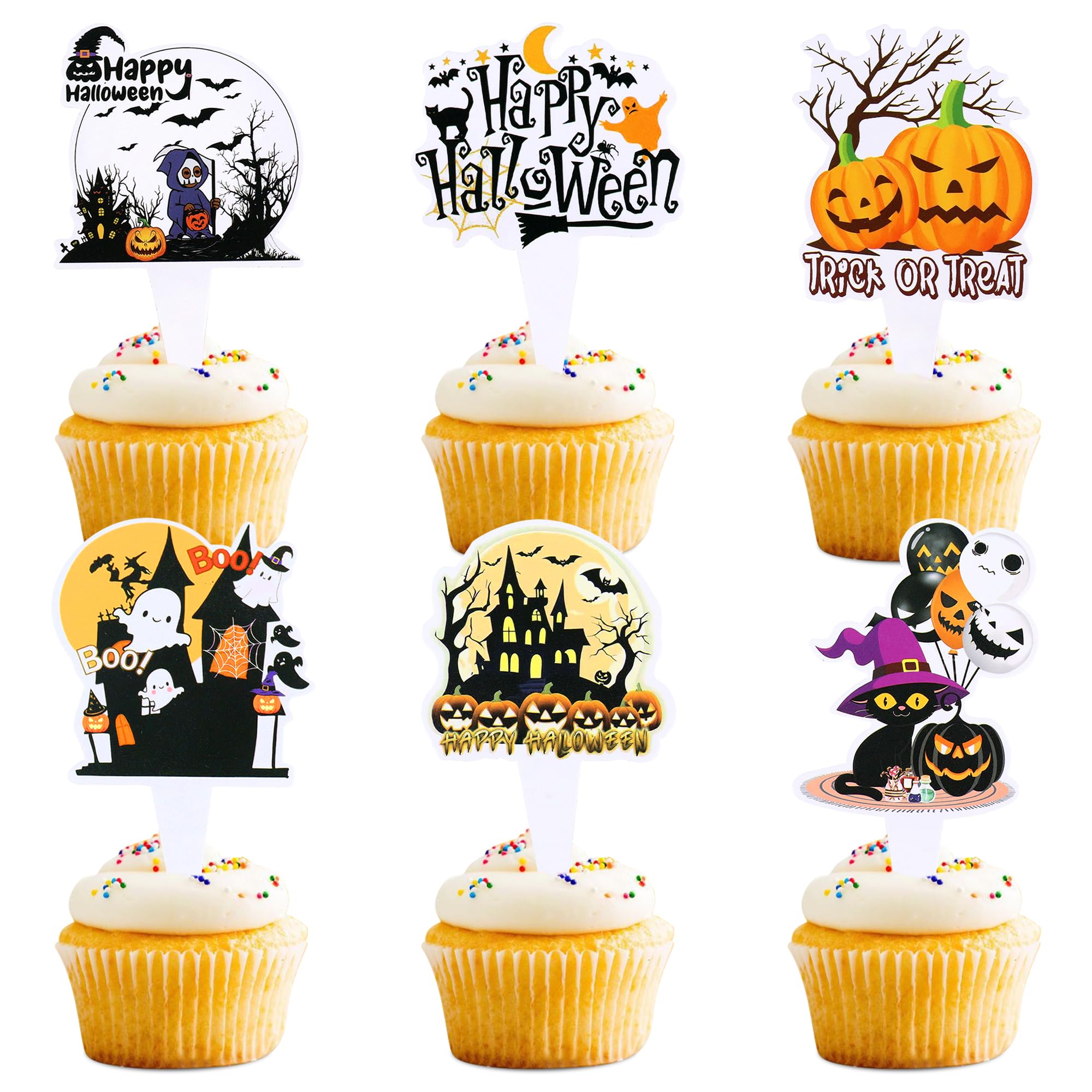 Blumomon 30Pcs Cupcake Toppers - Horror Pumpkin Ghost Cake Decorations for Halloween, Baby Shower & Birthday Parties
