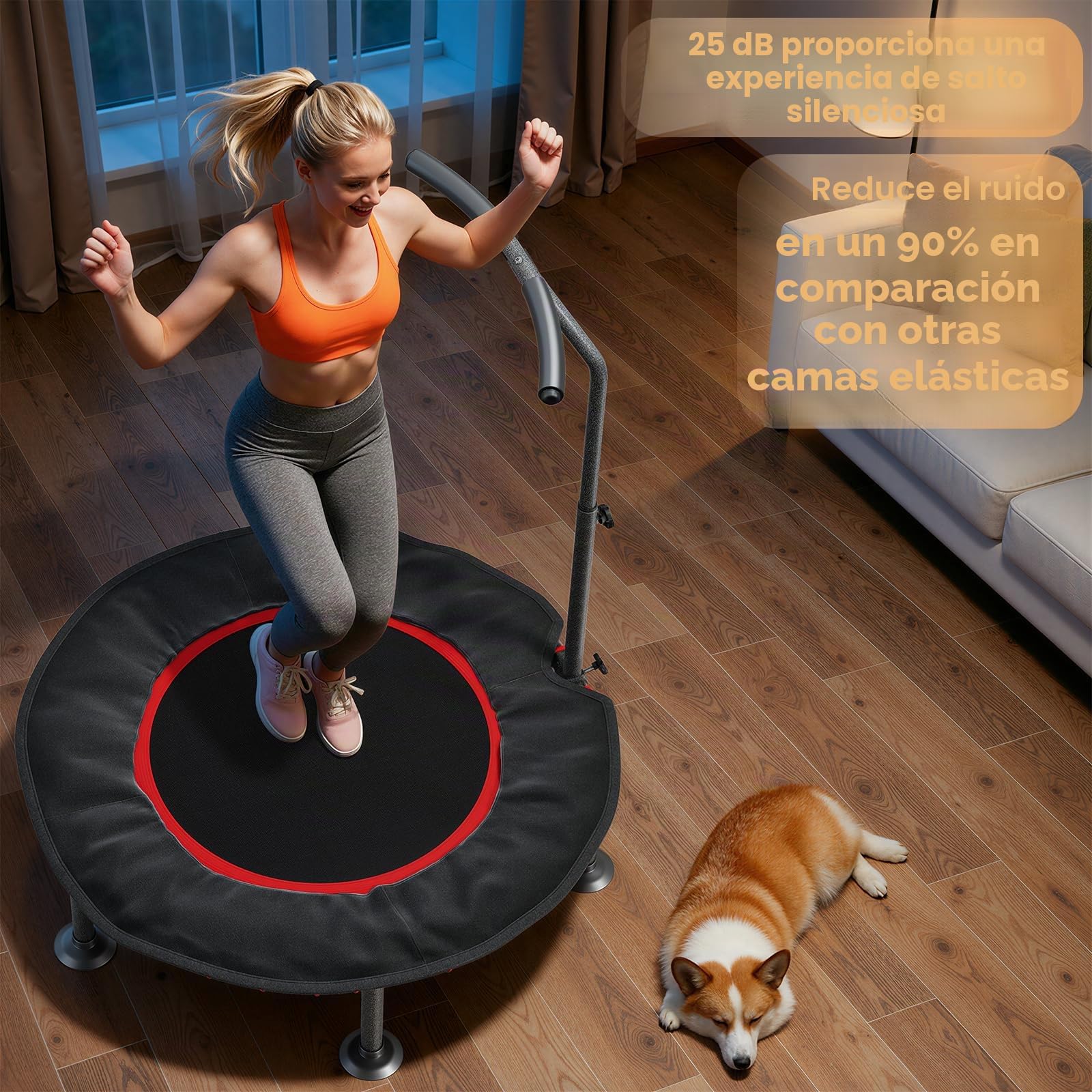 LIFERUN Trampolín de Fitness para Interior | Cubierta Protectora Acolchada | hasta 150 kg de Capacidad Carga | 3 Alturas Asa Ajustables | Sin Instalación | Niños Adultos | Mini Ø102 cm | Hogar