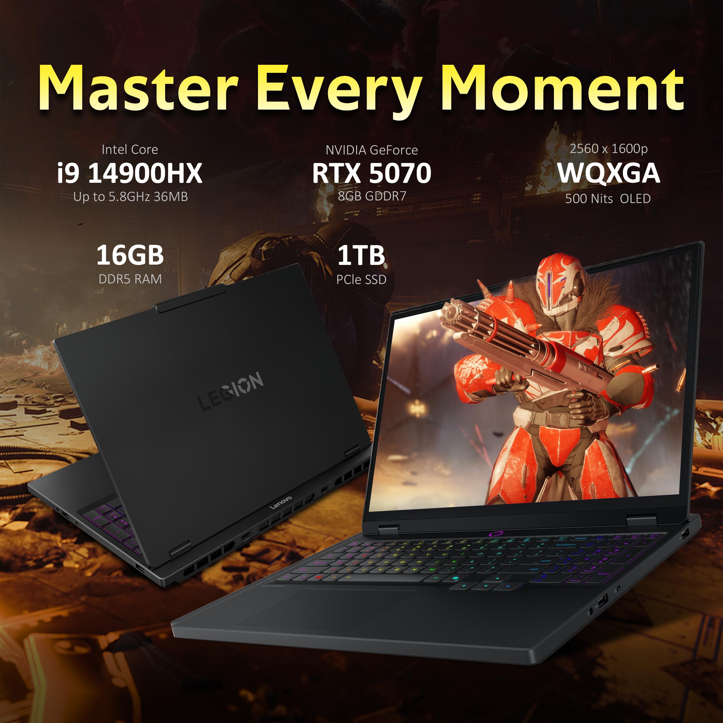 Lenovo Legion 5 16 Zoll WQXGA 165Hz Gaming Laptop, Intel i9-14900HX, 16GB DDR5, 1TB SSD, NVIDIA GeForce RTX 4070 8GB GDDR6, RGB Backlit Keyboard, Wi-Fi 6E, Windows 11 Pro, Grau, 256GB