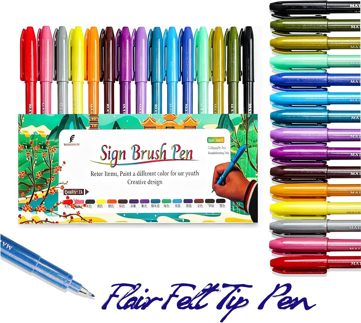Sign Brush Pen, 15pcs Calligraphy pen Flair Pens Fine Point(0.4mm) Assorted Colors, Felt Tip Pens Art Brush Marker, Journaling Pen Set for Beginners Adult Hand Lettering Calligraphy
