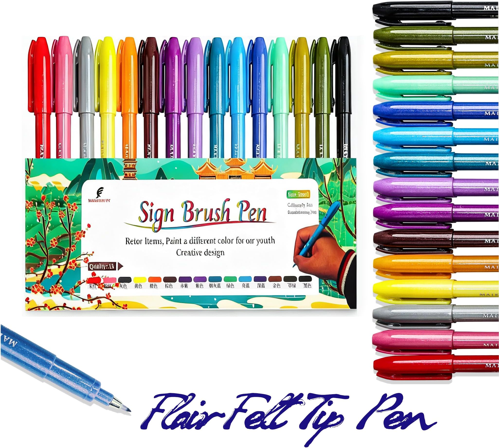 Sign Brush Pen, 15pcs Calligraphy pen Flair Pens Fine Point(0.4mm) Assorted Colors, Felt Tip Pens Art Brush Marker, Journaling Pen Set for Beginners Adult Hand Lettering Calligraphy