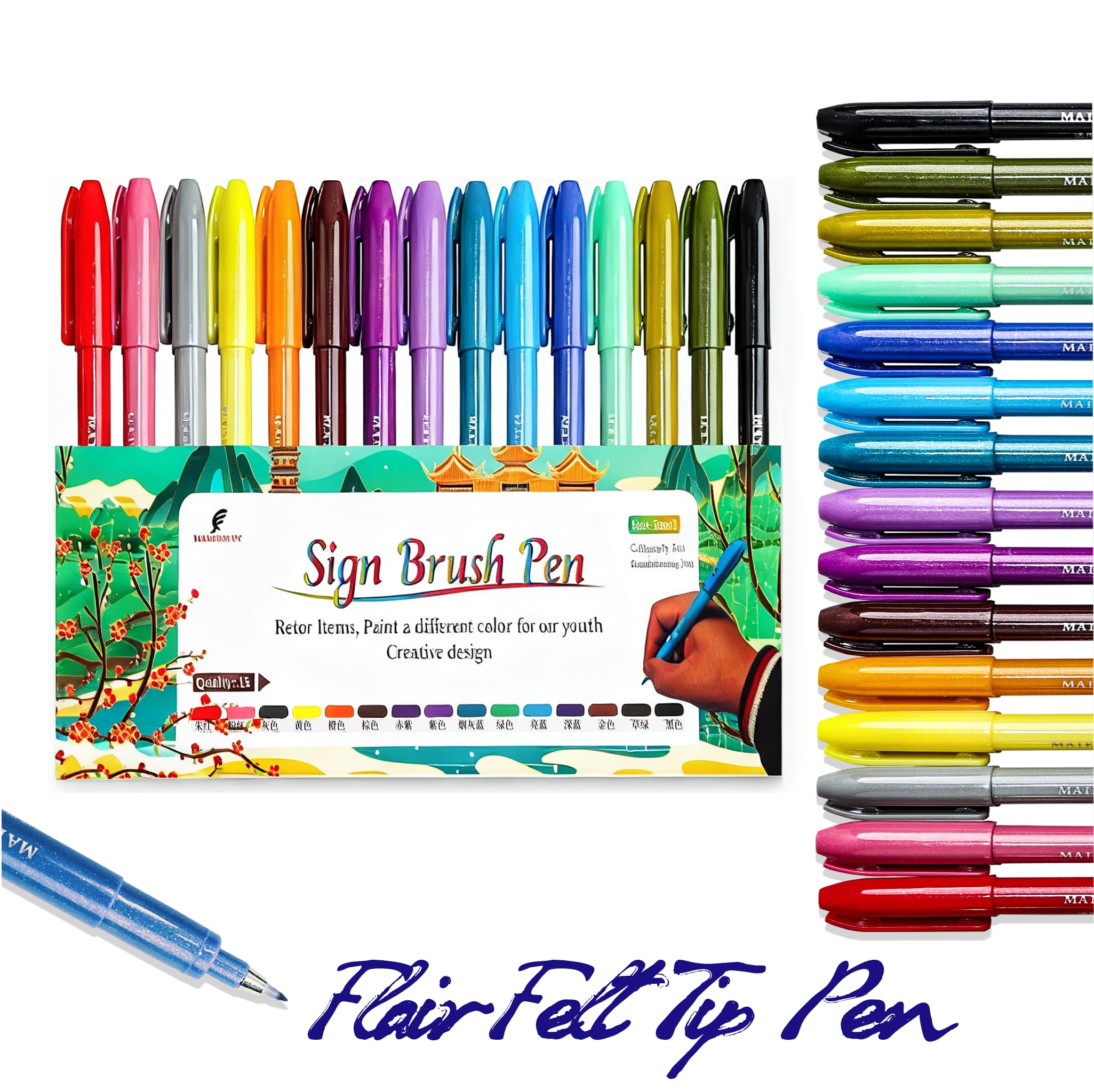 Felt Tip Pens, 15pcs Calligraphy pen Flair Pens Fine Point(0.4mm) Assorted Colors, Sign Brush Pen Art Brush Marker, Journaling Pen Set for Beginners Adult Hand Lettering Calligraphy