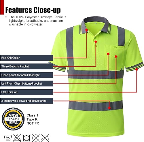 Miniatura 9 de HATAUNKI Paquete de 2 polos de seguridad negros con reflejo retro, camisa de manga corta para trabajos de construcción de alta visibilidad, ANSIISEA