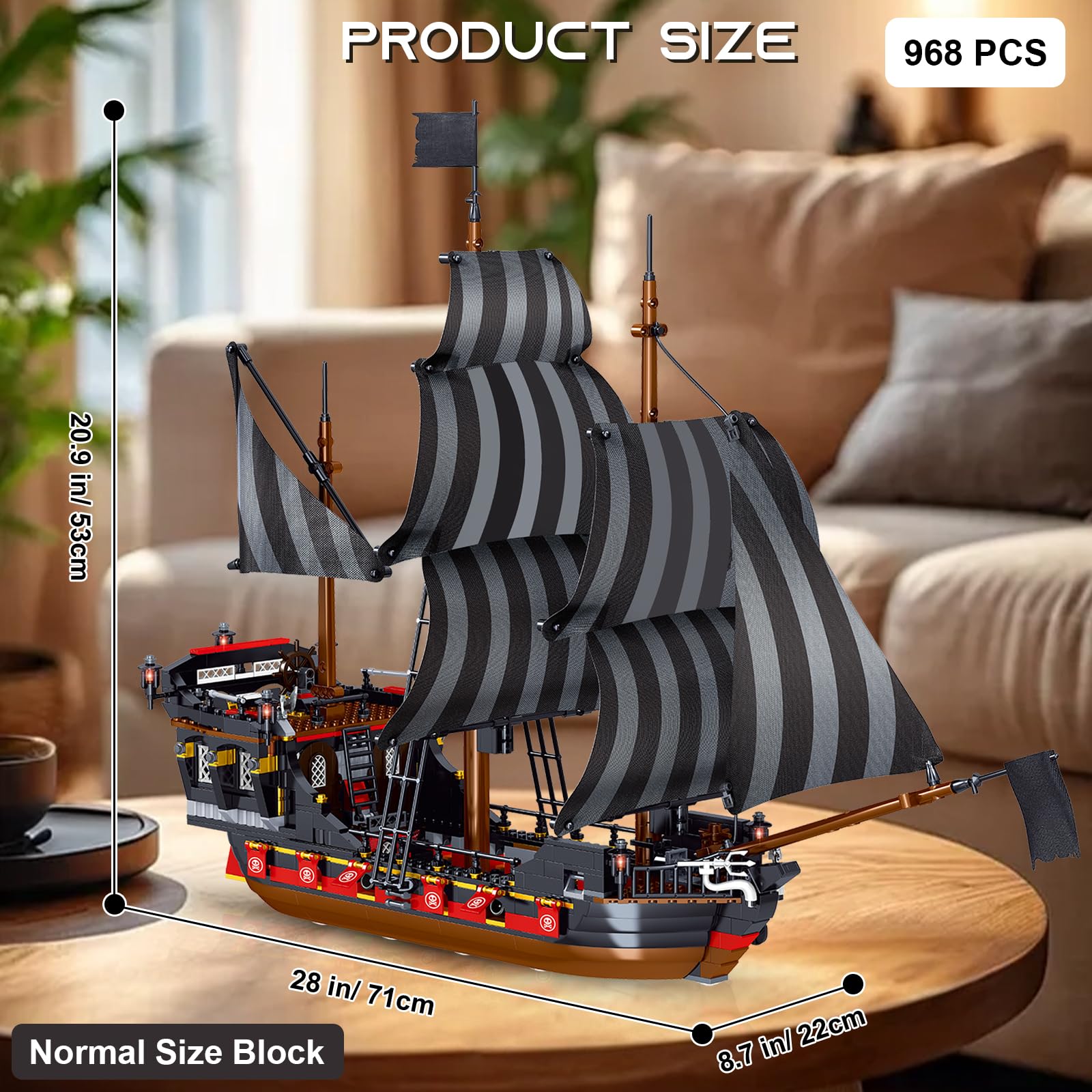 Juguete de Bloques, Modelo de Barco Pirata de Tamaño Estándar, Juego Creativo Construcción y Ensamblaje de Barcos, para Adultos, Adolescentes y Niños de 8+ años, 968 Piezas