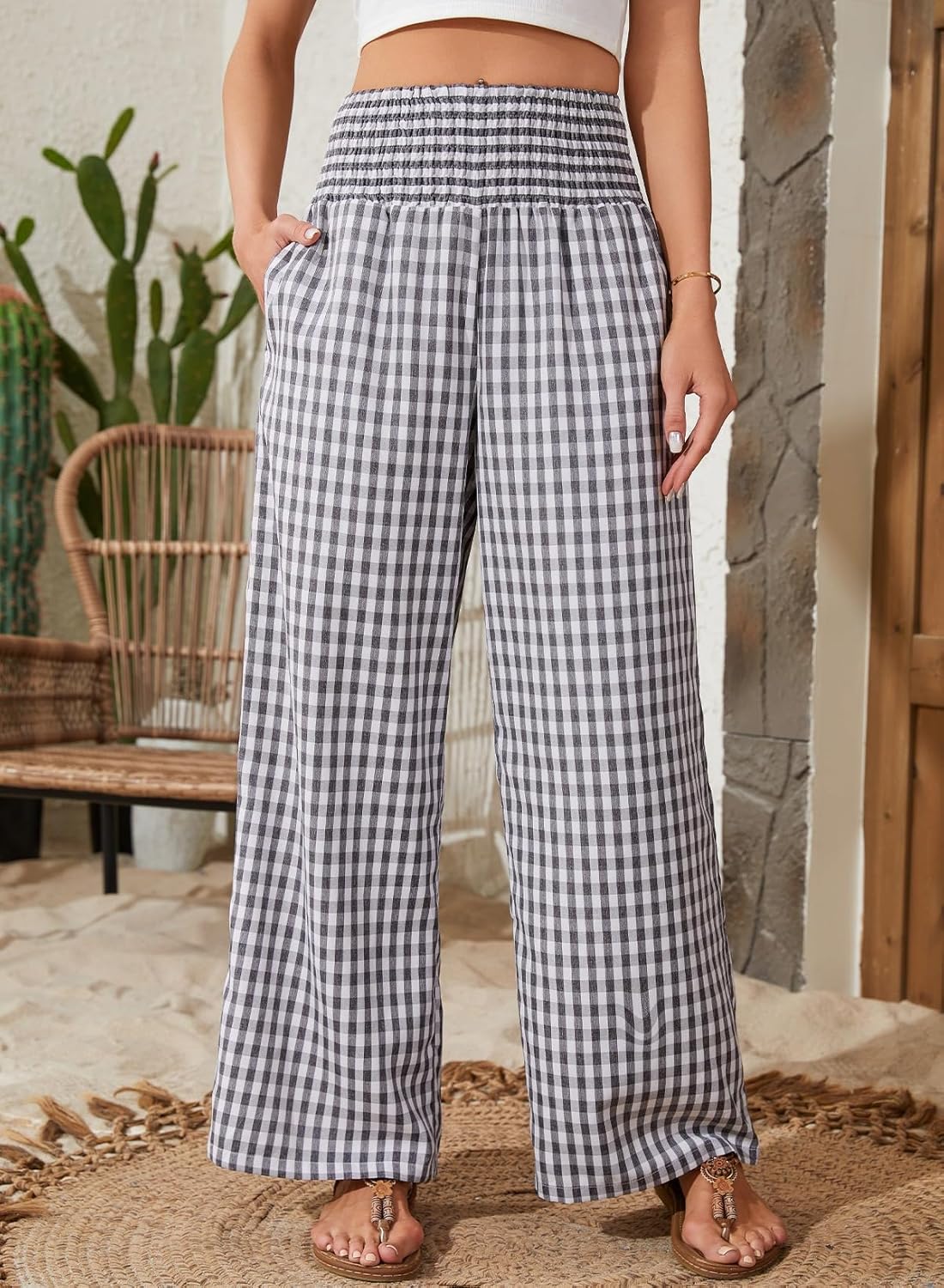 Dokotoo Womens Striped Gingham Pants 2026 Checkered Casual Pants Cute Comfy Bottoms with Pockets Plaid Outfits - Image 3