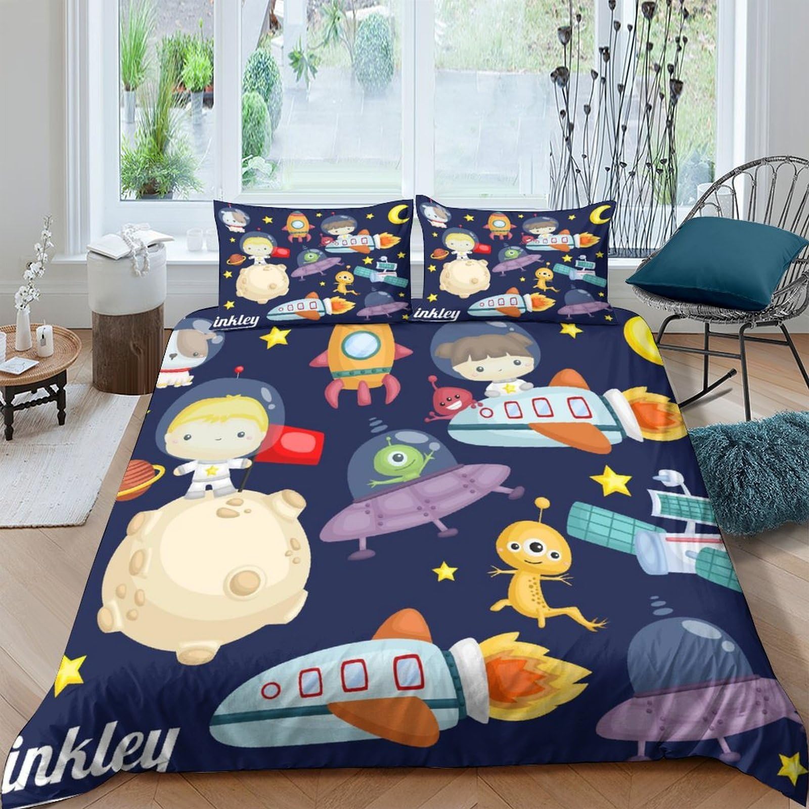 Ctjqhvkz Style-4 3D Printed Space Astronaut Fitted Sheet Microfiber Cartoon Rocket Bed Sheet For Bedroom Dorm Anti-Slip Easy Care Single（135X200cm）