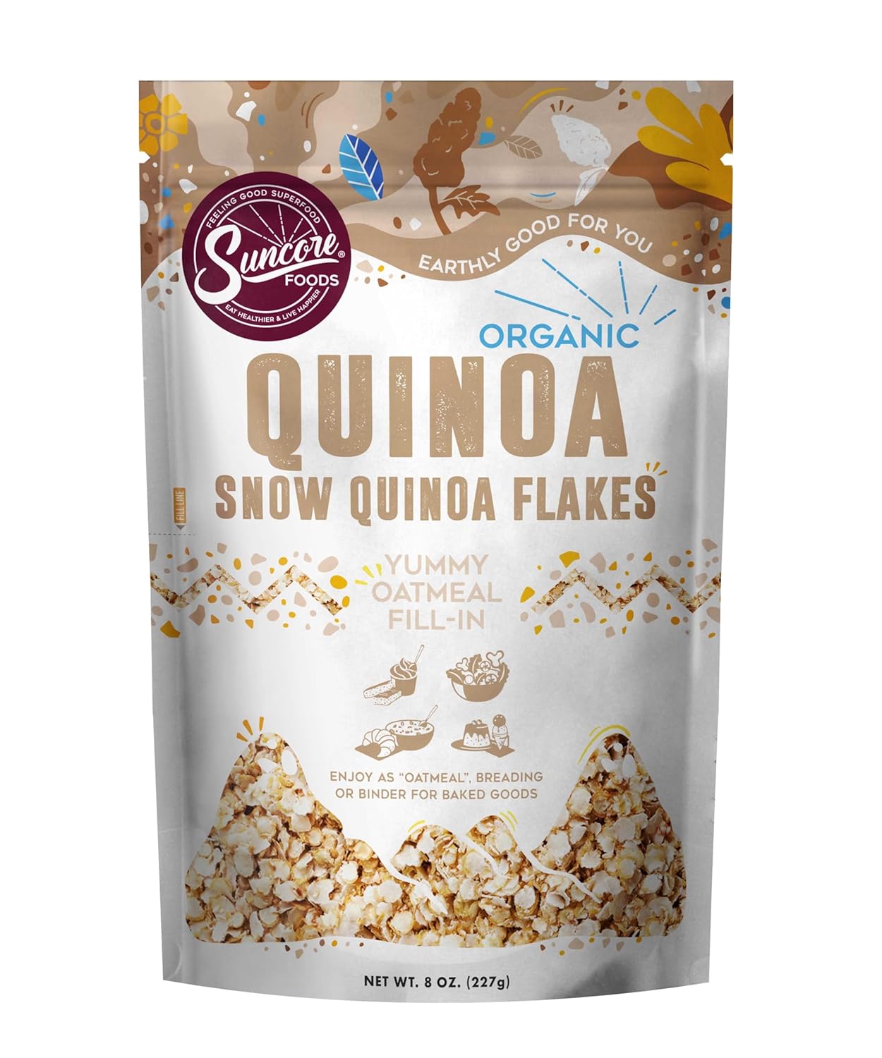 Suncore Foods Organic Snow Quinoa Flakes 8oz - Gluten-Free Non-GMO Oatmeal Alternative, Quick Cook Quinoa Flakes