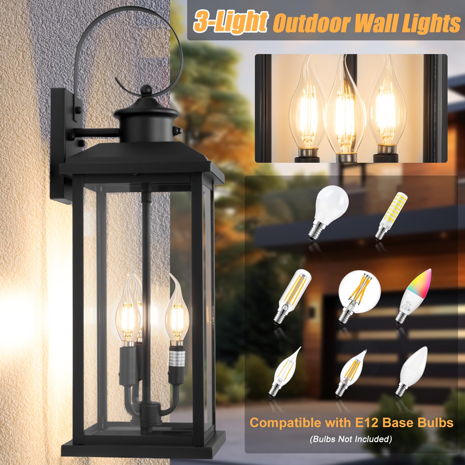 24 Dusk to Dawn Outdoor Wall Light Fixture 2 Pack-Black Extra Large Modern Porch Lantern 3-Light Waterproof Exterior — view 3