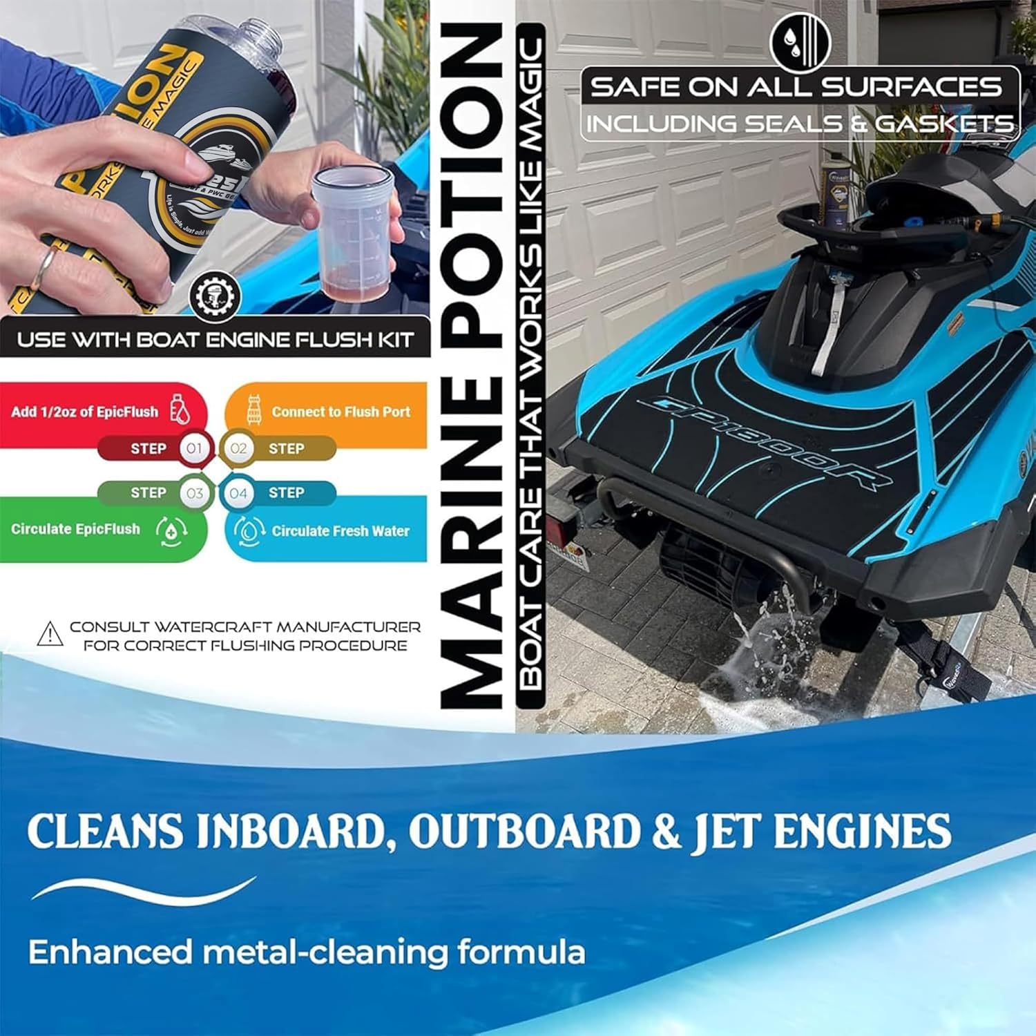WAVESRX Salt-Neutralizing Boat & Jet Ski Motor Flush + Protectant (EpicFlush+) | Marine Engine Cleaner - Removes Salt Deposits & Rust | Protective Coating - Prevents Salt Buildup & Prevents Corrosion