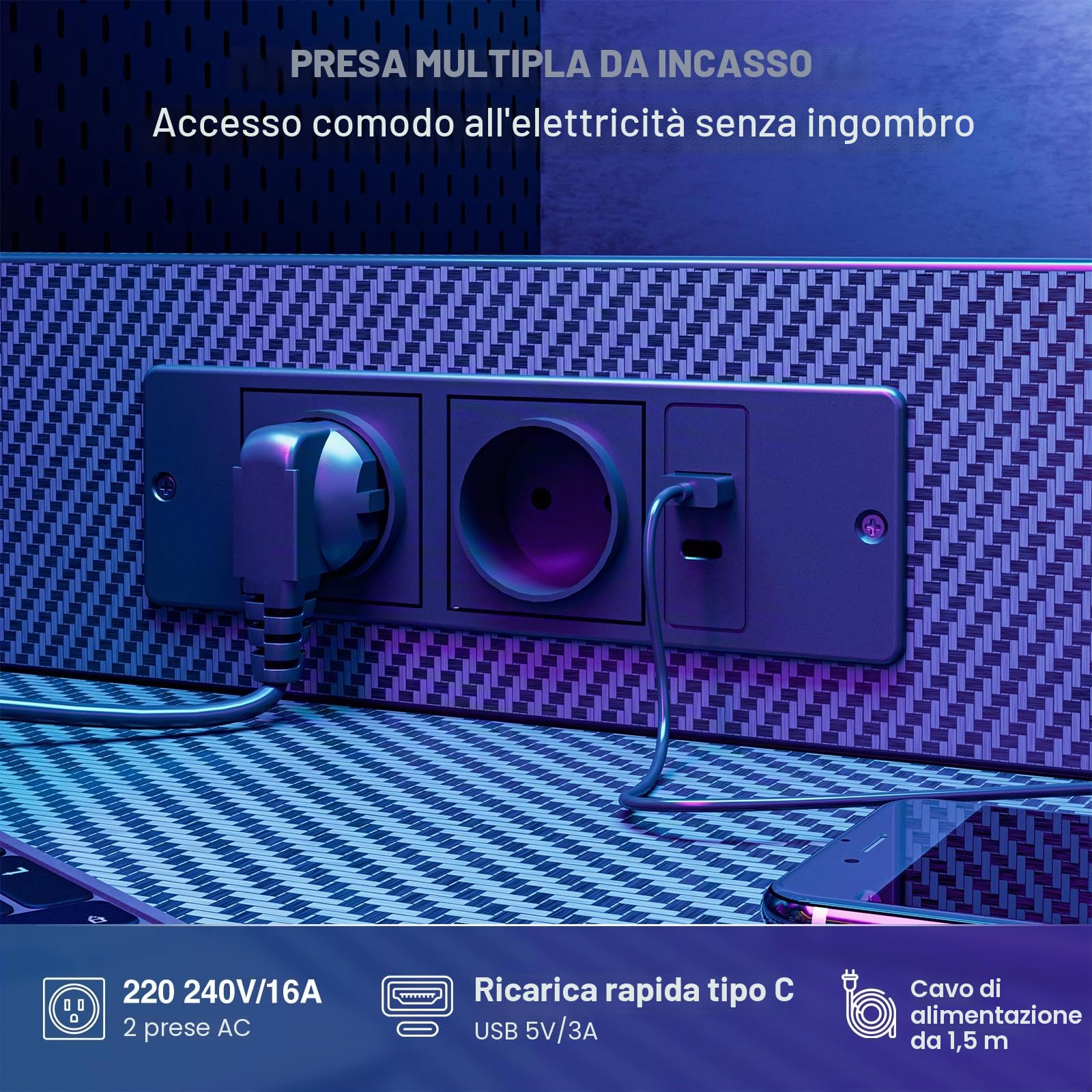 Grandder Scrivania Gaming 100x50cm con Presa di Corrente e Luci LED, Tavolo per PC Compatto con Ripiani Reversibili e Cassetto, Scrivania per Ufficio e Casa con Borsa Portaoggetti, Nero