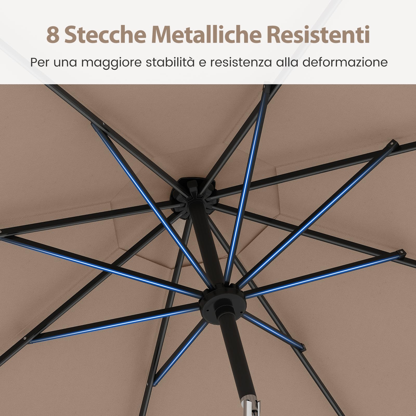 COSTWAY Ombrellone da Esterno 288 cm, con 96 Luci LED, Ombrellone Giardino con Inclinazione Regolabile, Manovella, 8 Stecche e Top Ventilato, Parasole da Mercato per Giardino Spiaggia (Marrone)