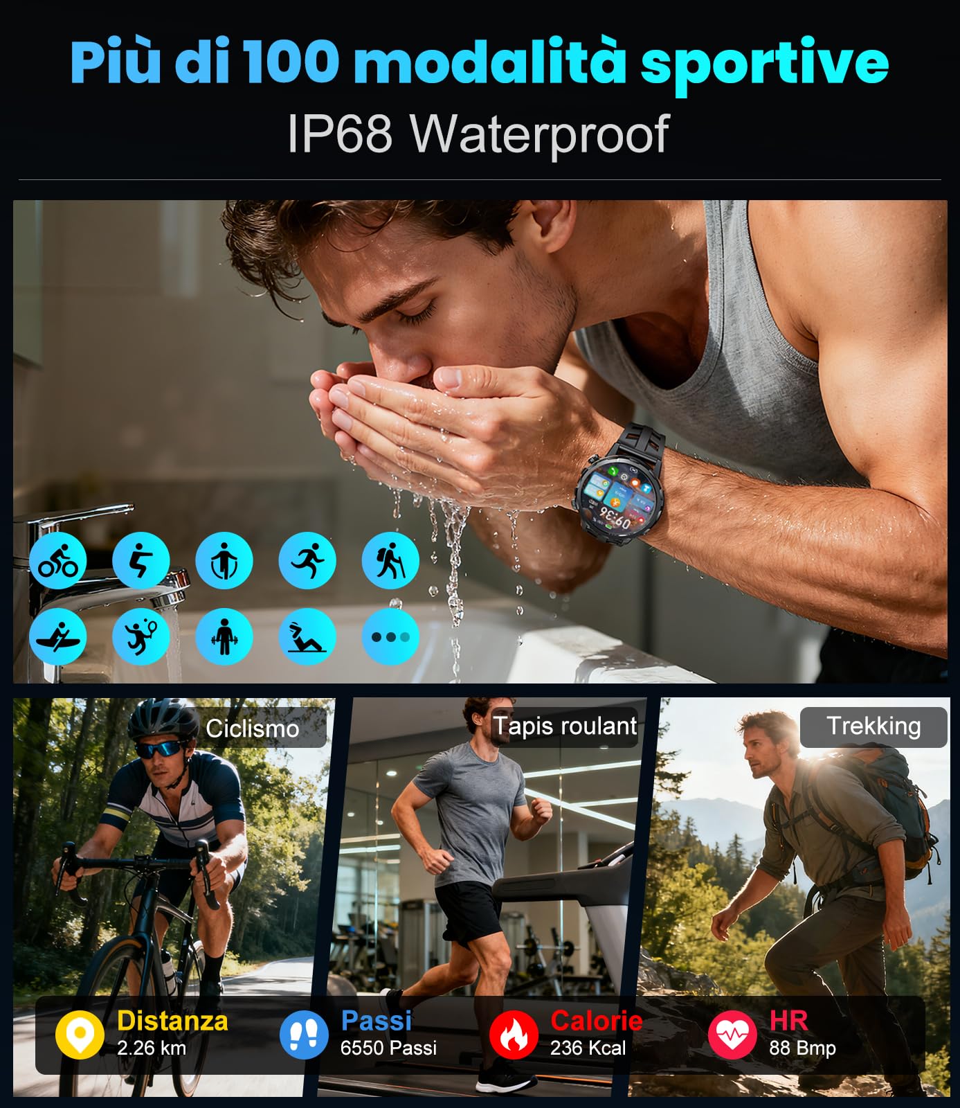 Militar Reloj Inteligente Hombre con 1000mAh/Linterna/1.7'' HD Grande Smartwatch Hombre con Llamadas/Doble Carga/IP68 Impermeable/100+ Modos Deportivos/Pulsómetro/Sueño/Pulsera Actividad Android iOS