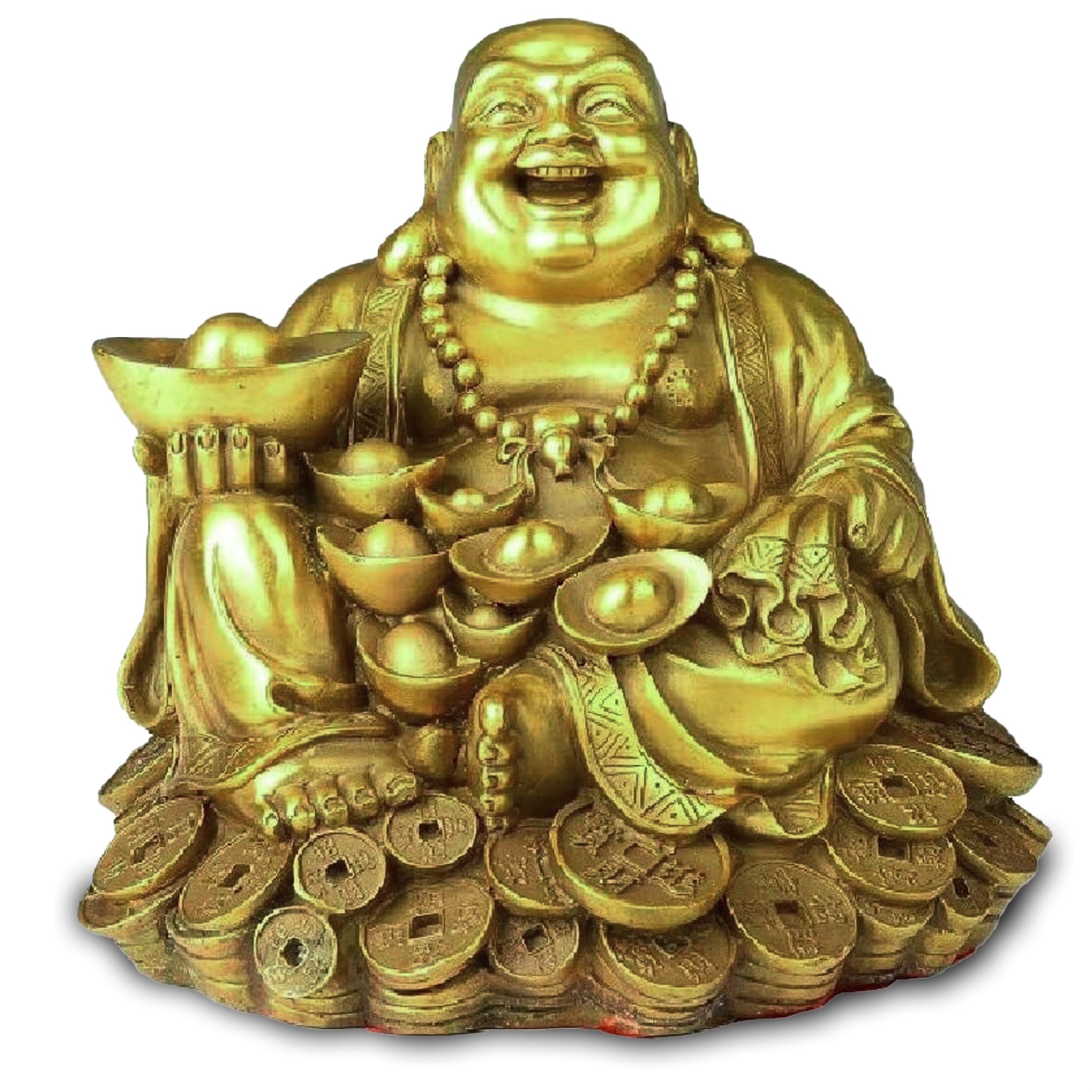 HOME GENIE Laughing Buddha Idol on Wealth Coins | Feng Shui Prosperity Statue | Gold Finish Showpiece for Home & Office | Blessings of Abundance & Happiness | Size