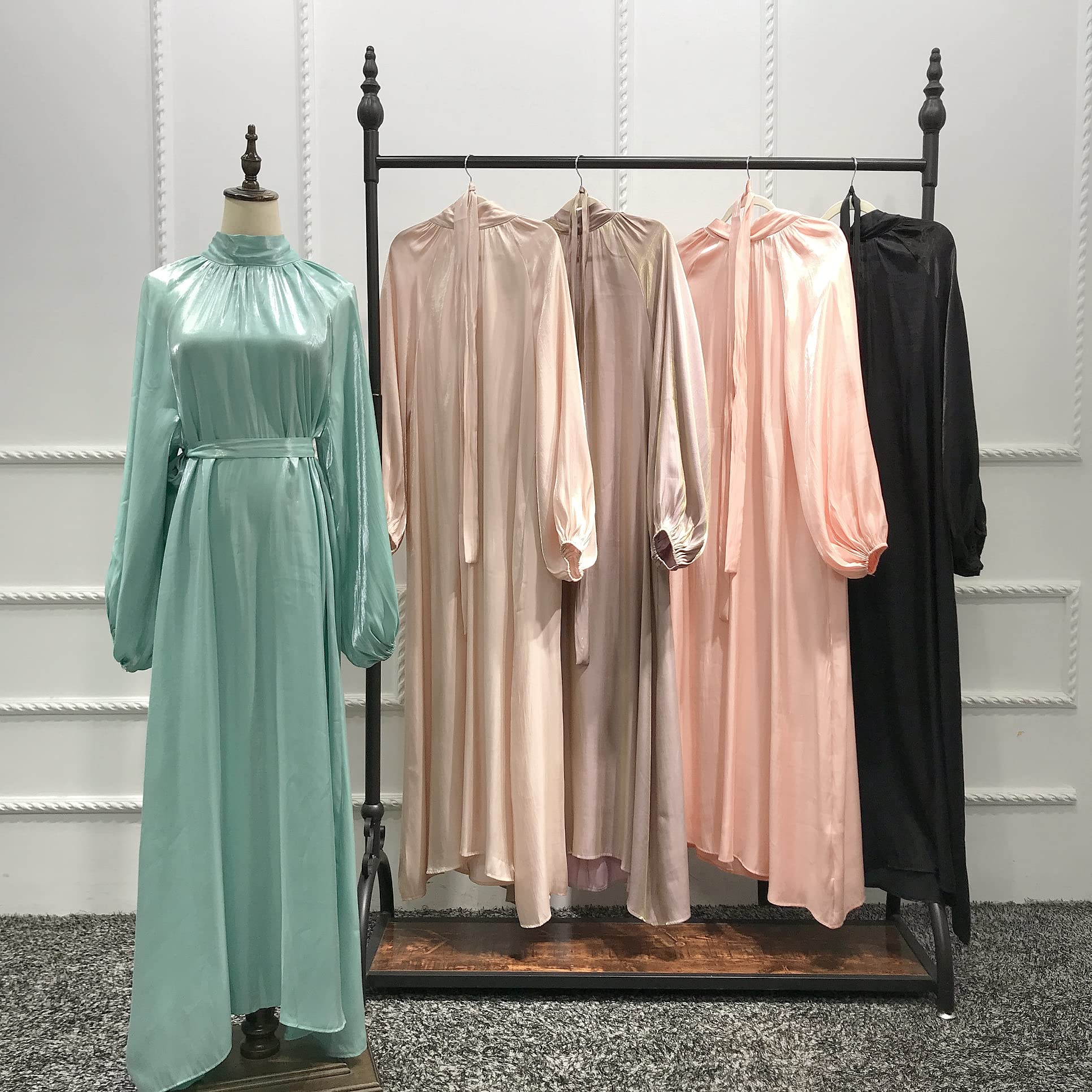 CLMJHG Abaya Dubai Muslim Party Kleid Laterne Ärmel Türkei Abayas Frauen Islamische Elegante Ramadan Kleidung mit Gürtel ohne Hijab