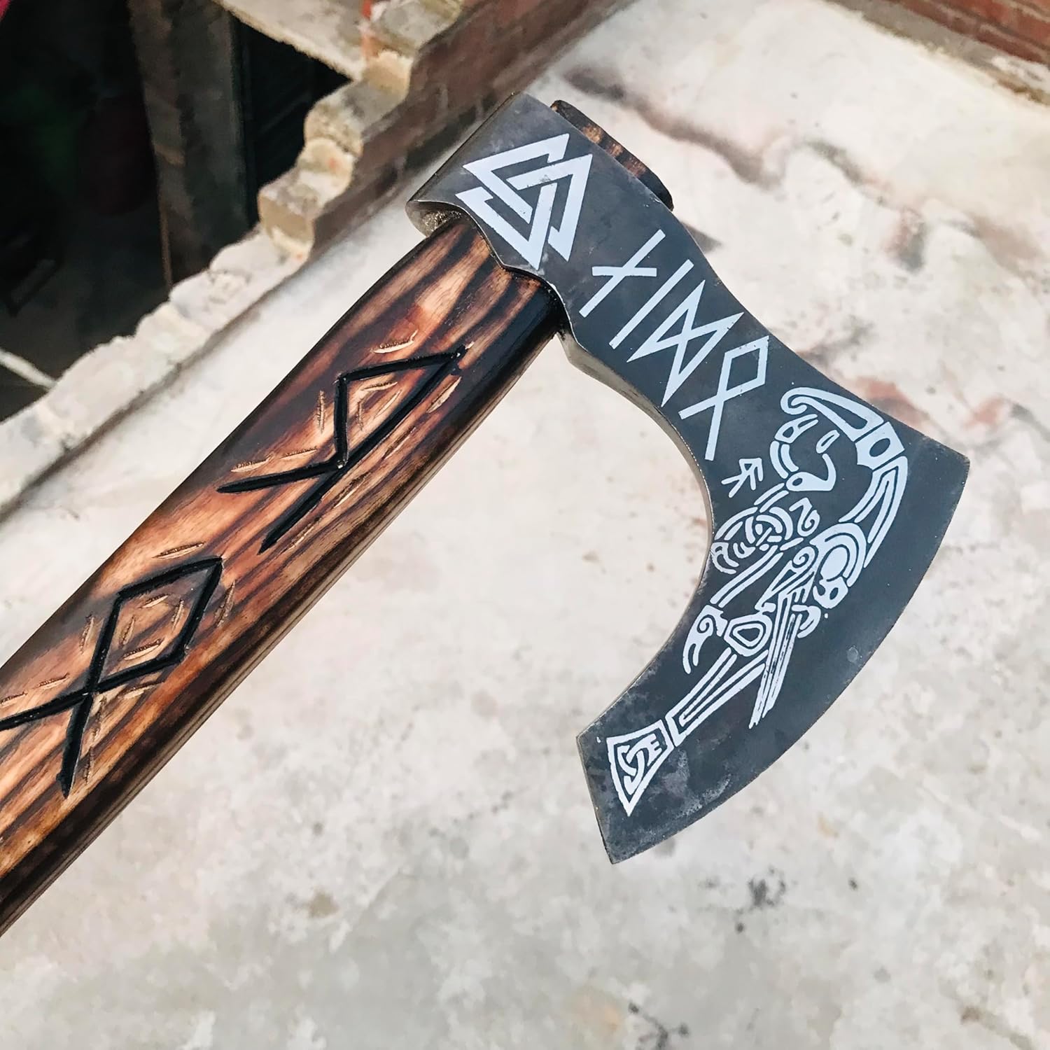 Viking TOOLS-22.0" Berserker Tomahawk Viking Axe with Leather Sheath,Hand-Forged Viking Axe ‘Fenrir’ Nordic Valhalla Vikings Bearded Axe Engraved with Celtic Wolf, Full Tang Tomahawk Axe Tactical Axe