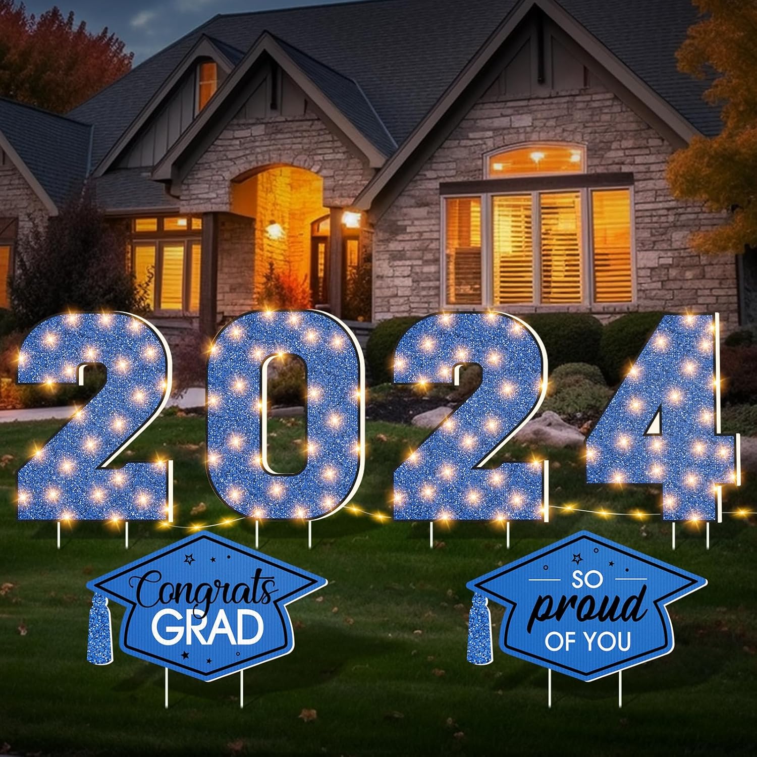 3Pcs Graduation Tablecloth Party Decorations,2025 Graduation Yard Sign Decorations with LED String Light Blue