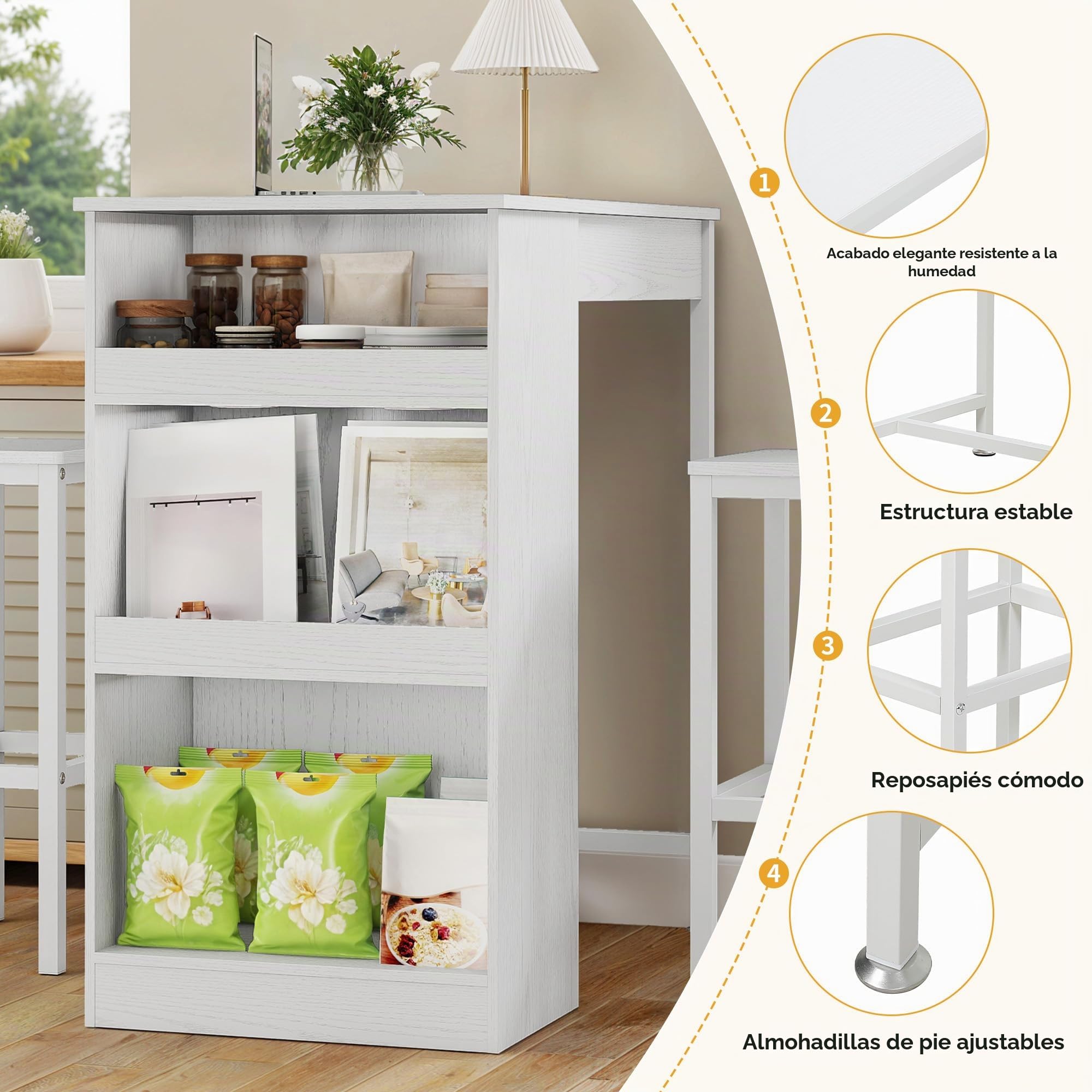 DWVO Barra de Desayuno, Mesa de Bar con 2 taburetes y Estante de Almacenamiento, Juego de Mesa de Bar de Estilo Industrial para Cocina, Comedor, Pub, Color Blanco | Juego de barra de desayuno, estante de almacenamiento para cocina, comedor, pub, marco de