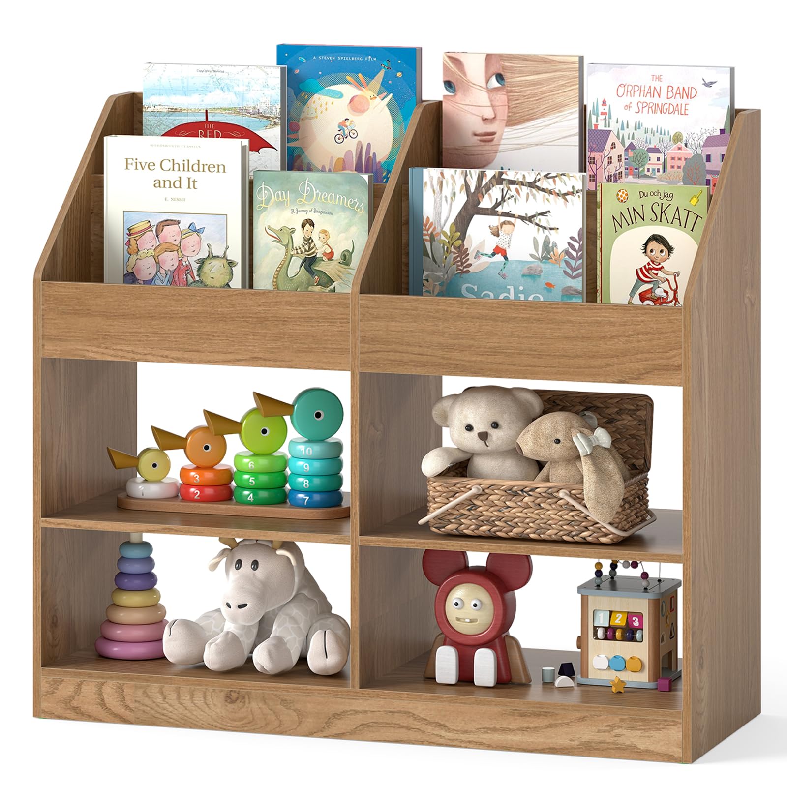 COSTWAY Libreria Montessoriana Porta Libri per Bambini, Scaffale Multifunzione con 4 Cubi e 4 Scomparti, Anti-ribaltamento, Salvaspazio per Cameretta e Stanza dei Giochi, 90x34x80 cm (Naturale)
