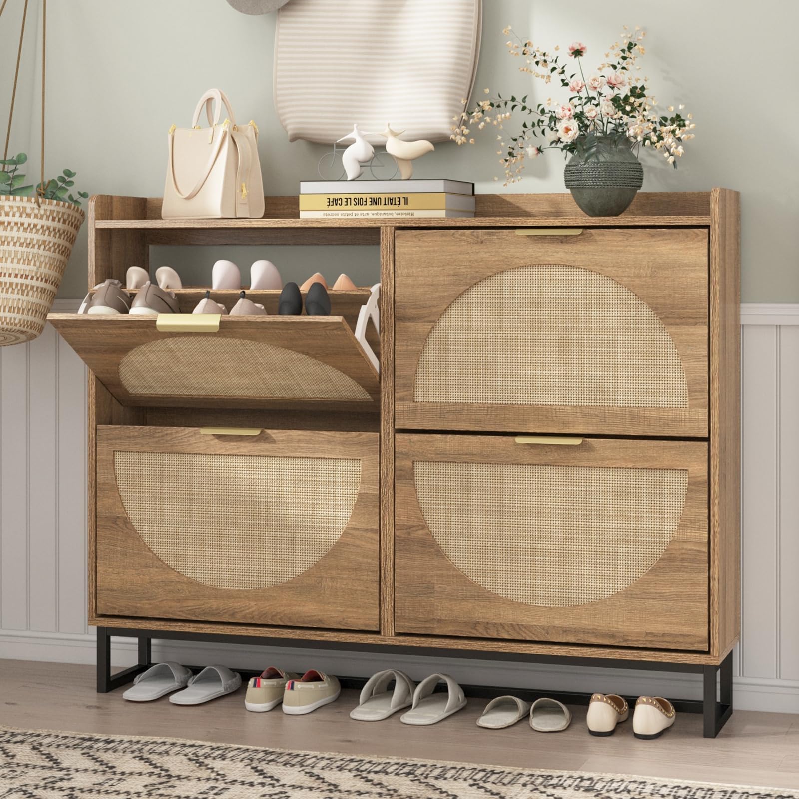 BonVache Large Rattan Shoe Storage Cabinet with 4 Flip Drawers for