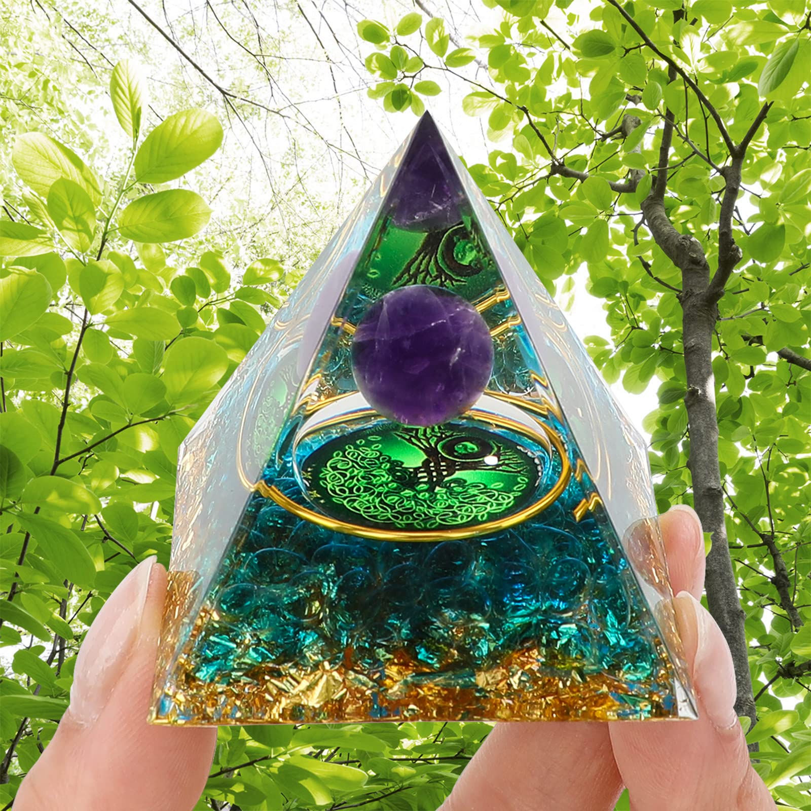 MXiiXM Orgone Pyramid for Positive Energy, Handmade Pyramid Amethyst & Obsidian Healing Crystal Pyramids for Stress Reduce Healing Meditation Attract Wealth Lucky (Spiral Life Tree)