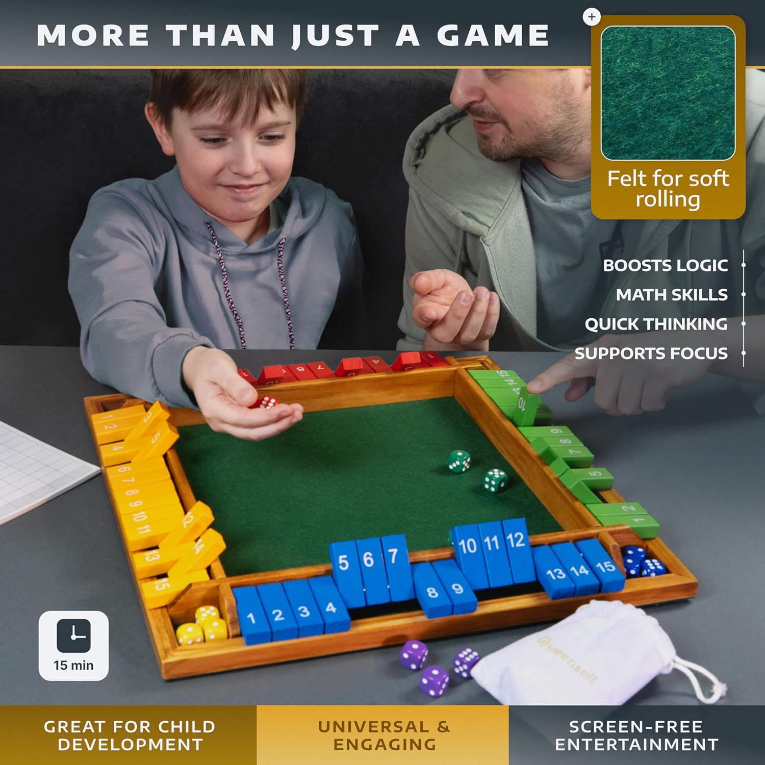 Queensell Shut The Box Game Wooden Board for 4 Players – 15 Numbers Shut The Box Game – Classic Shut The Box Dice Game for Adults & Kids – Family Board Game