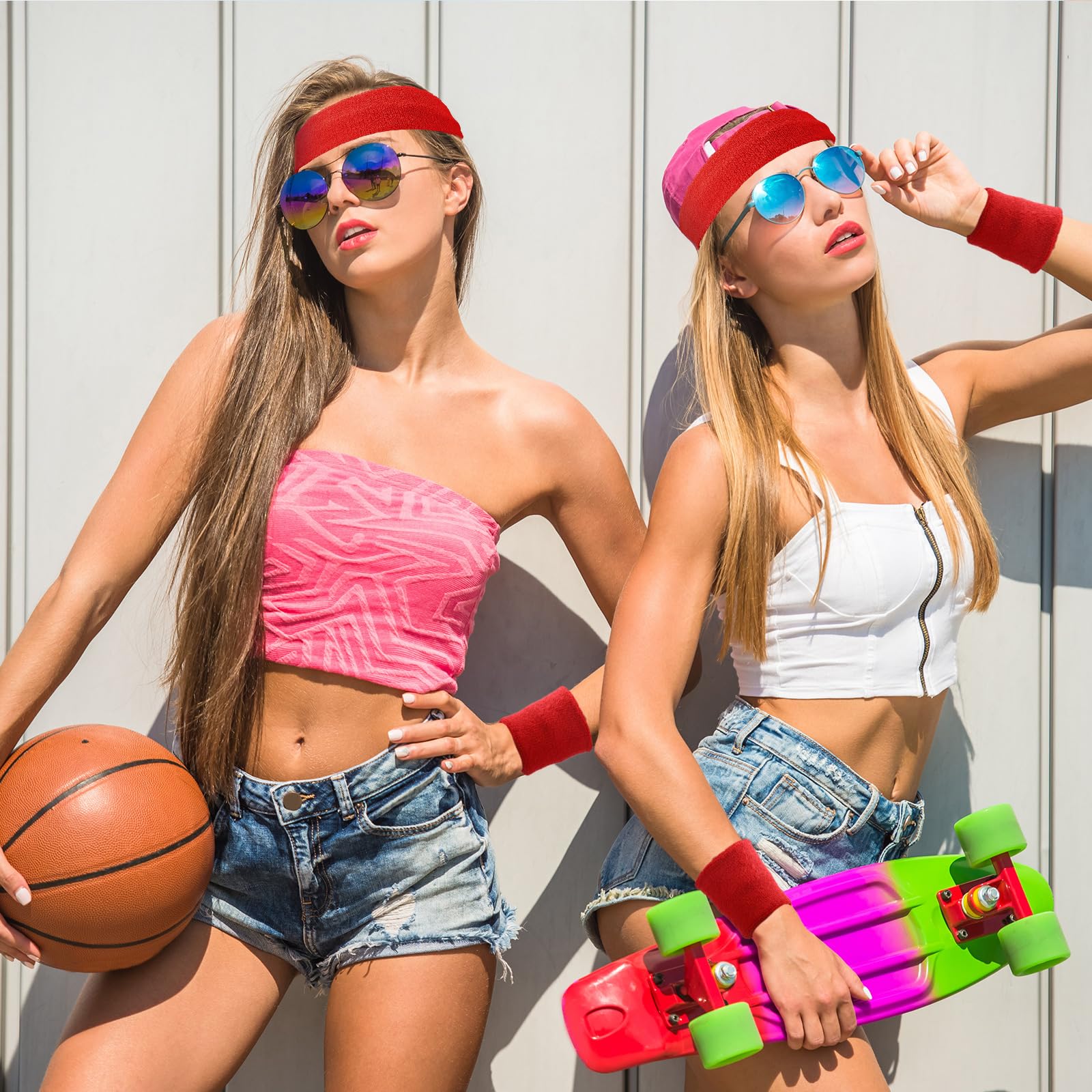 Il set di 72 fasce per il sudore al neon include 24 fasce sportive e 48 fasce da polso assorbenti per il sudore degli anni '80, per uomini e donne, basket, tennis, palestra, esercizio (rosso)