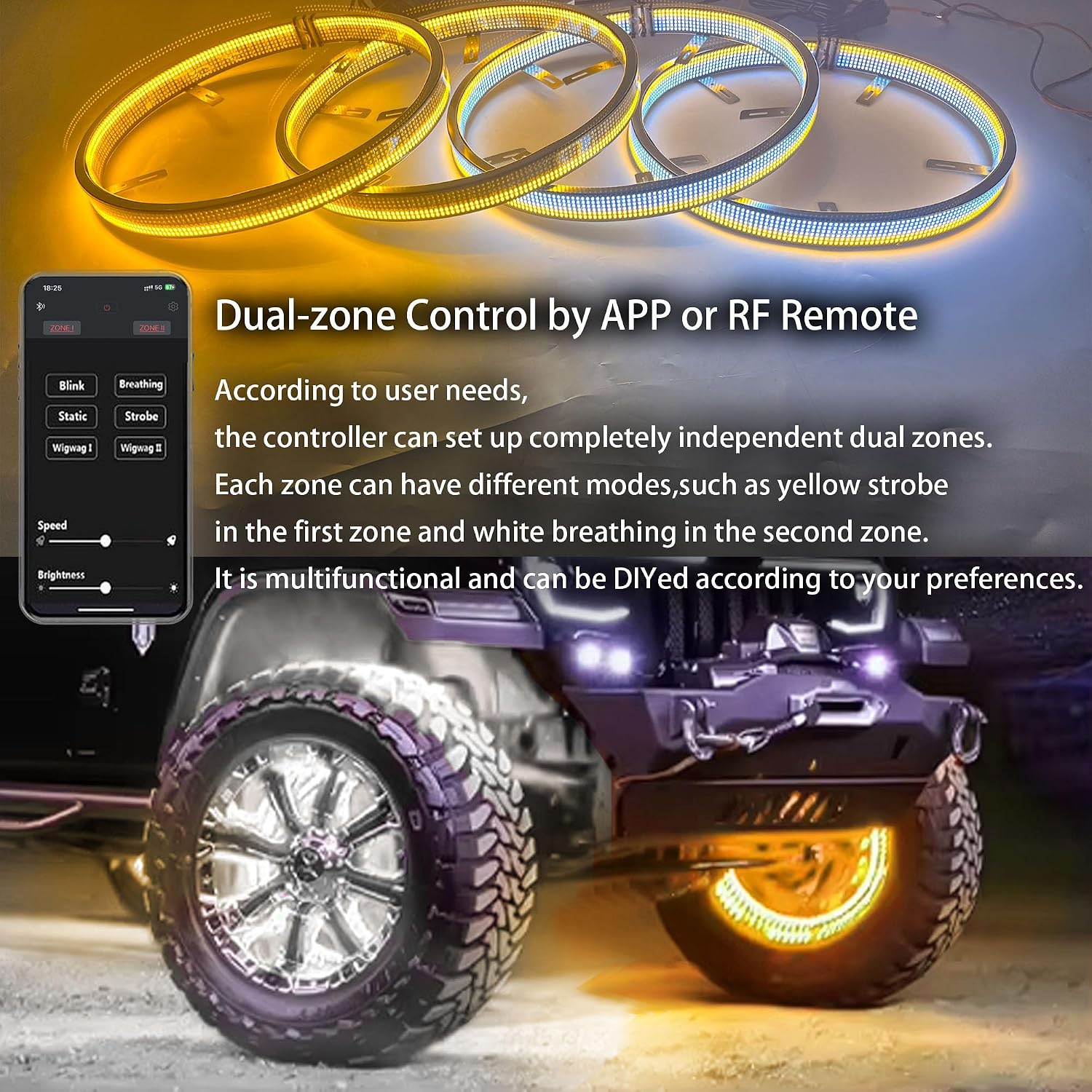 17in 12 Row Amber White Wheel Ring Lights with Amber Turn Signal White Courtesy Light APP RF Control,11928LEDs Waterproof IP68 Rim Tire Wheel Lights for Truck Car