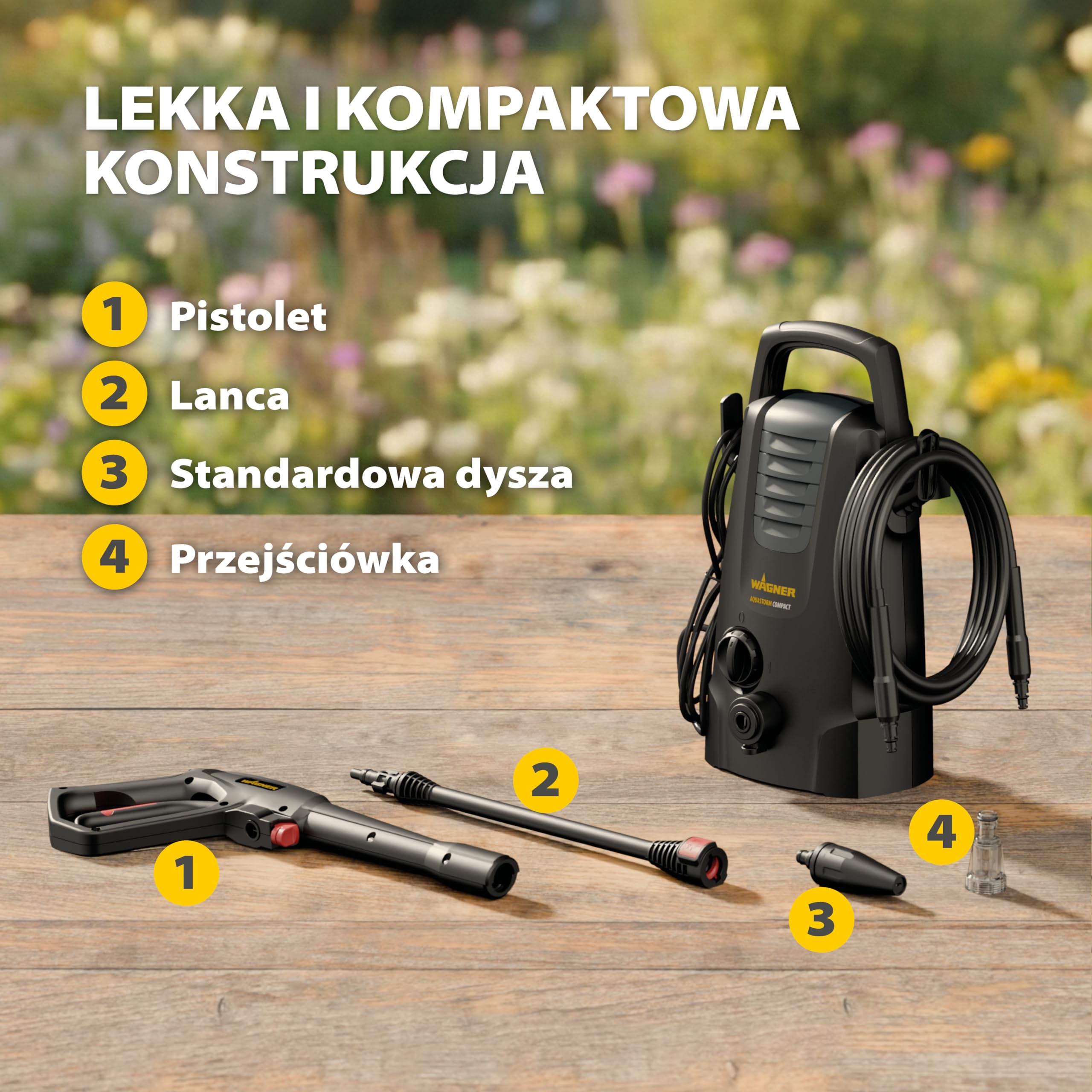 WAGNER AQUASTORM COMPACT - Kompaktowa myjka ciśnieniowa do łatwego czyszczenia: Mobilna, łatwa w obsłudze i gotowa do spontanicznych zadań czyszczących